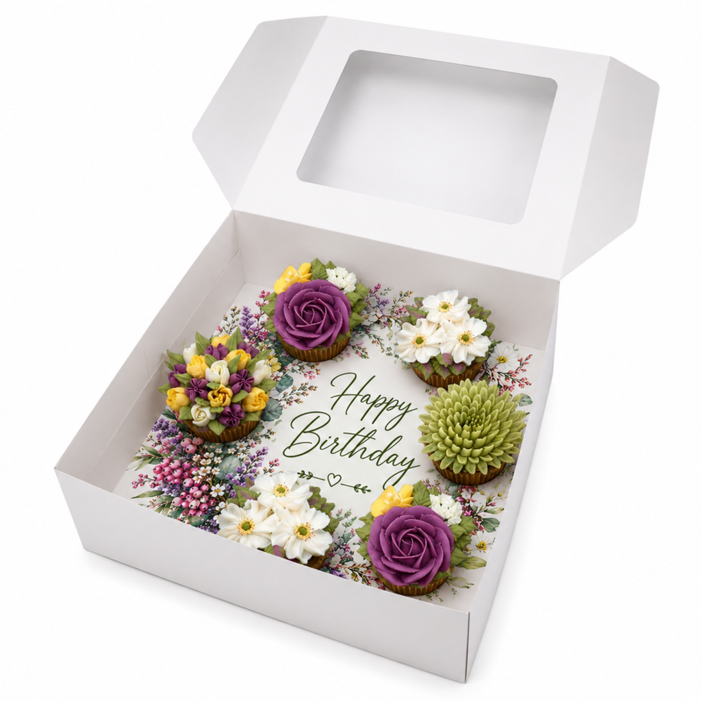 Happy Birthday Cupcake Box Insert Template Printable, Colorful Wildflower 6 Cupcake Holder, Floral Bouquet Display, USA UK AUS