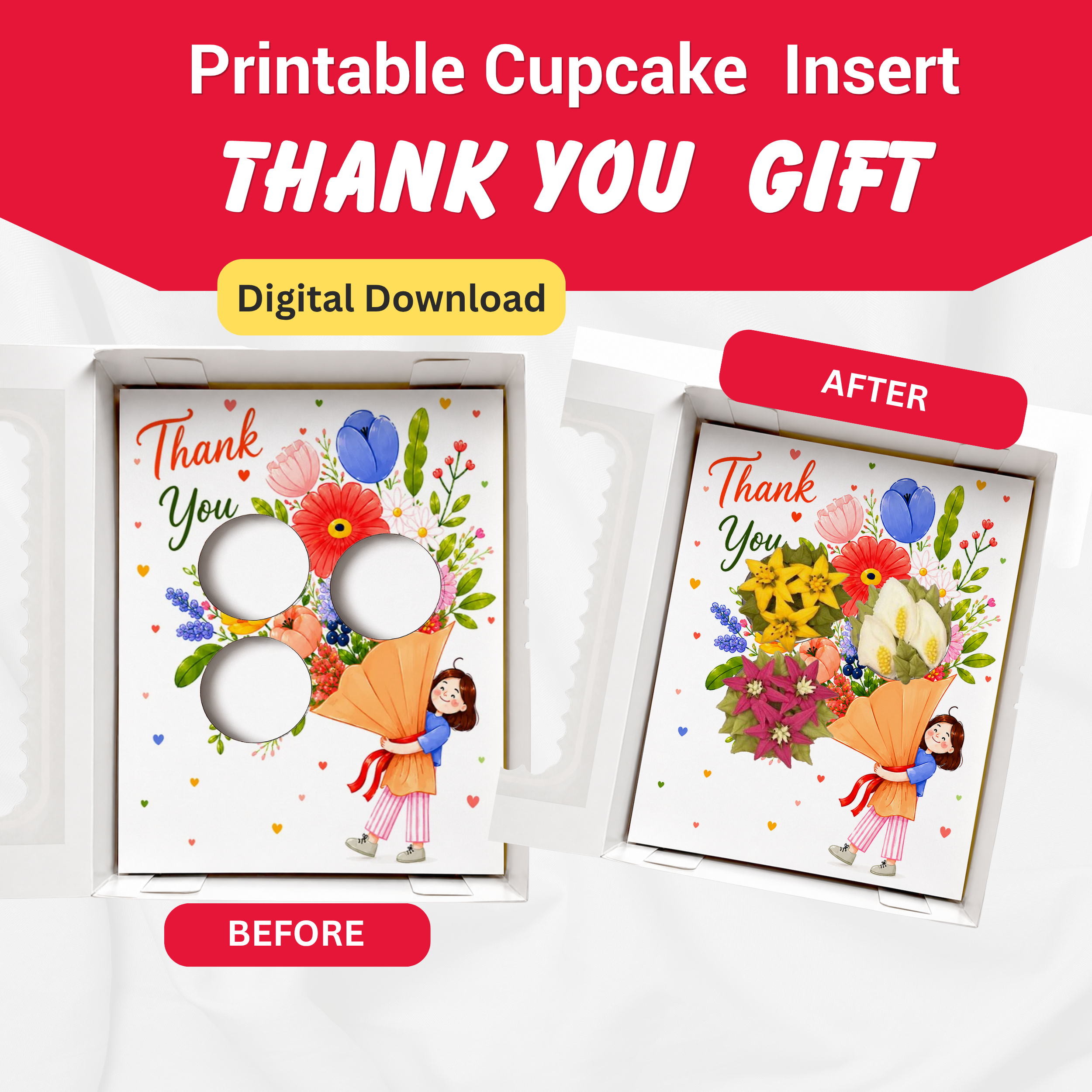 Thank You Cupcake Insert Template, 3 Cupcake Box Insert Printable, Floral Bouquet Cupcake Holder, Digital Bakery Packaging