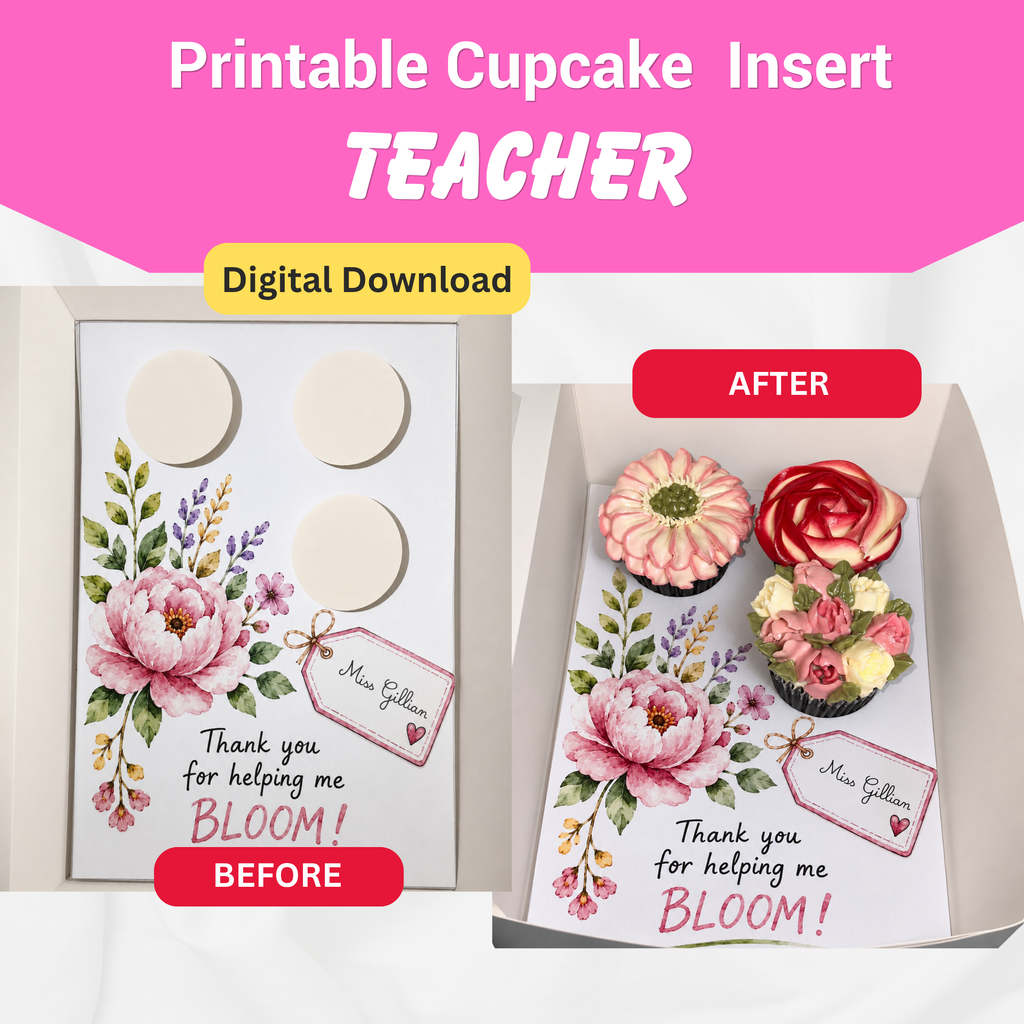 Teacher Appreciation Cupcake Insert Template, Floral Cupcake Box Insert, Helping Me Bloom Printable, 3 Cupcake Bouquet Holder