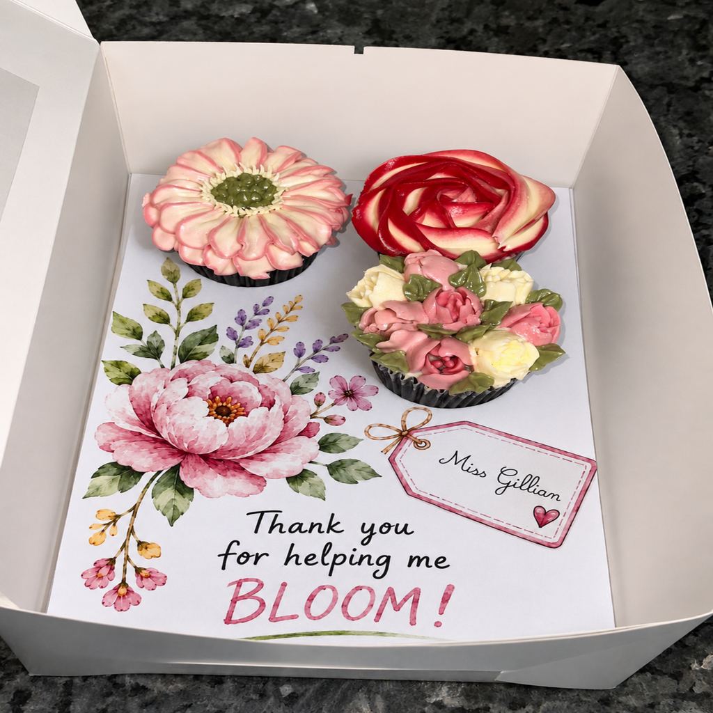 Teacher Appreciation Cupcake Insert Template, Floral Cupcake Box Insert, Helping Me Bloom Printable, 3 Cupcake Bouquet Holder