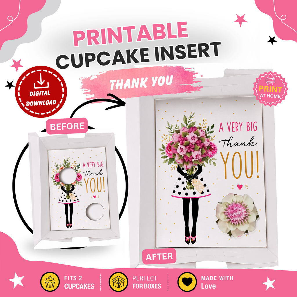 Thank You Cupcake Insert Template, Cupcake Bouquet Holder,2 Cupcake Box Insert Printable, Floral Cupcake Gift Box Insert, Bakery Packaging