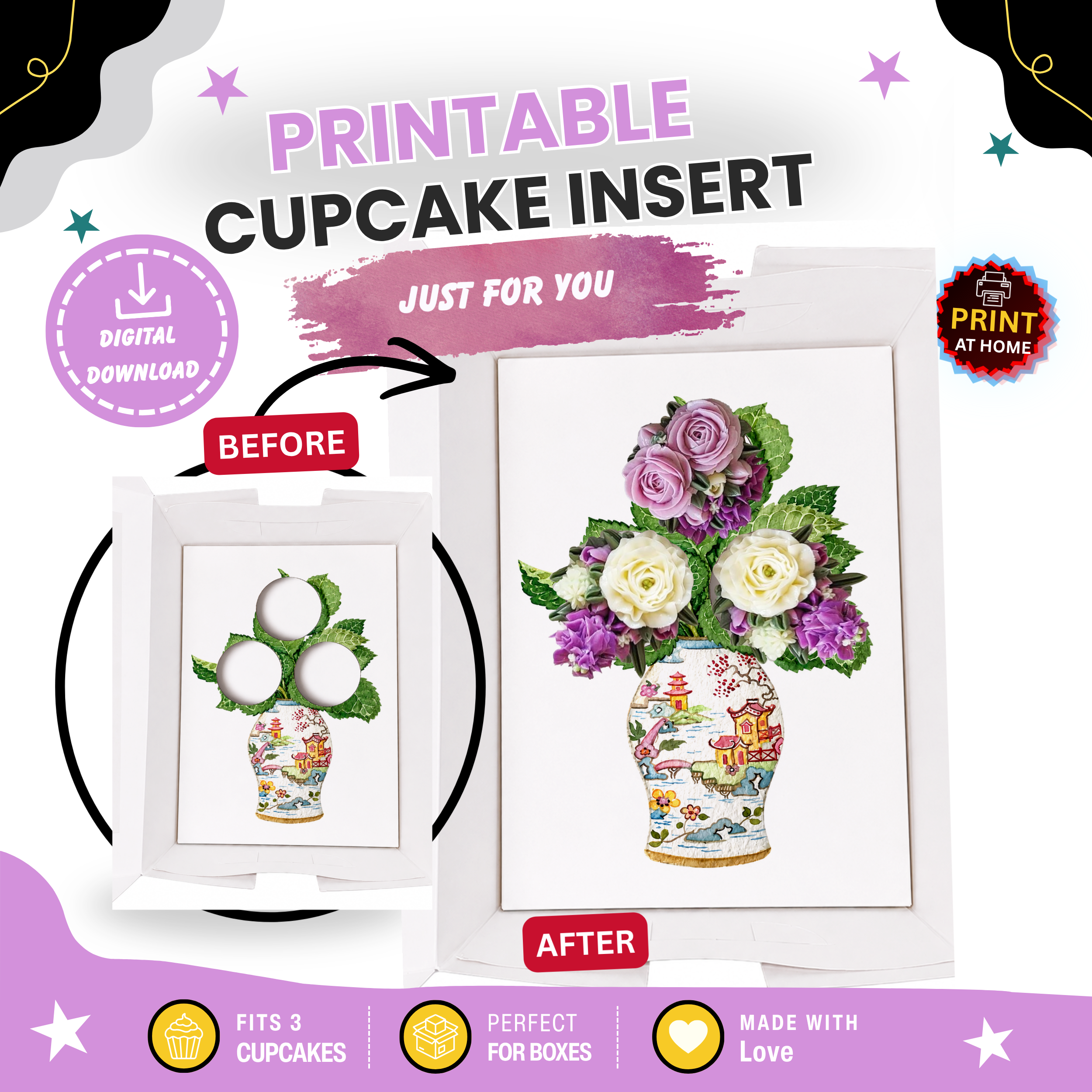 Floral Cupcake Insert Template, Flower Bouquet Vase Design (Digital Download)