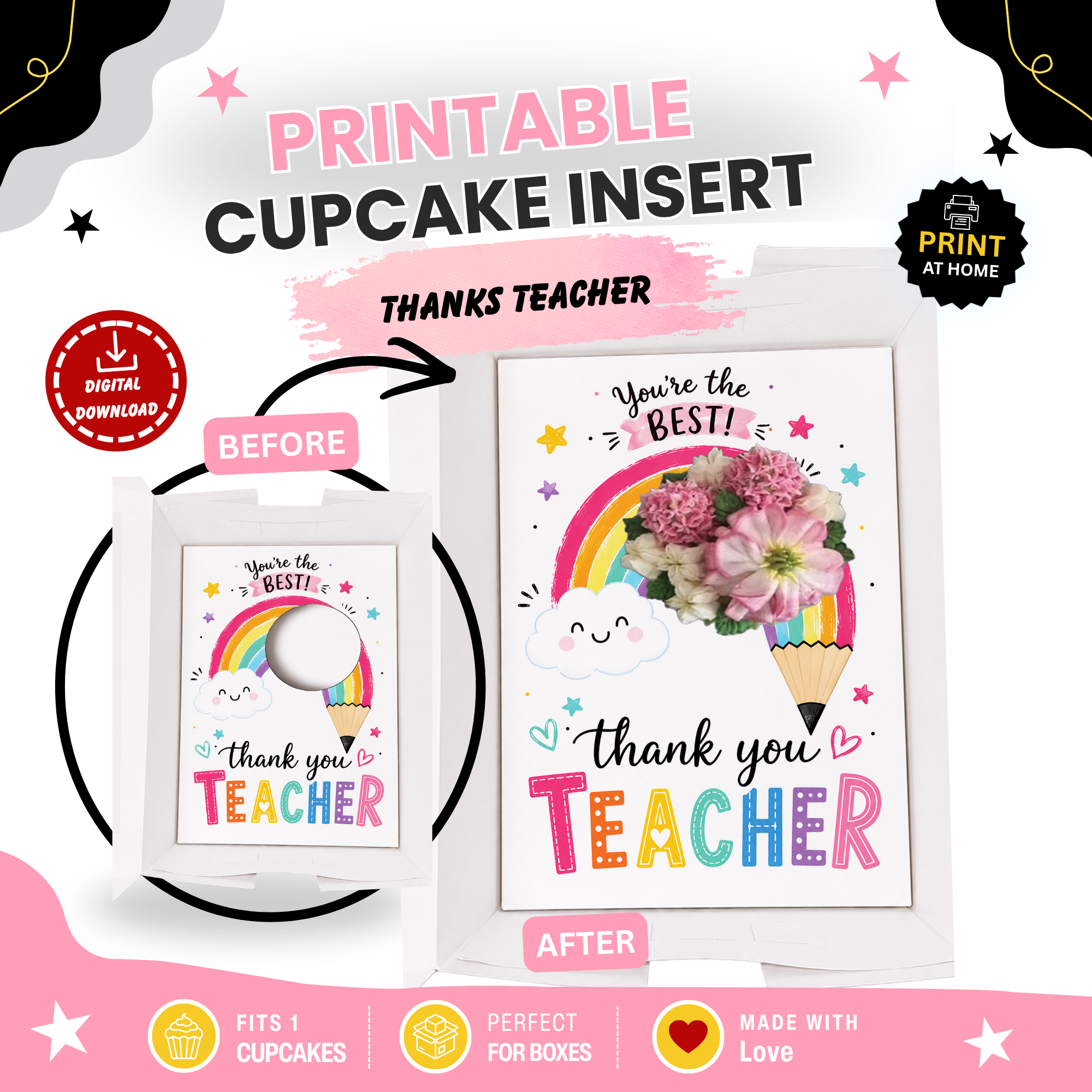 Teacher Appreciation Cupcake Insert Template, Thank You Teacher Cupcake Box Insert, Rainbow Teacher Gift Printable, You're The Best Teacher