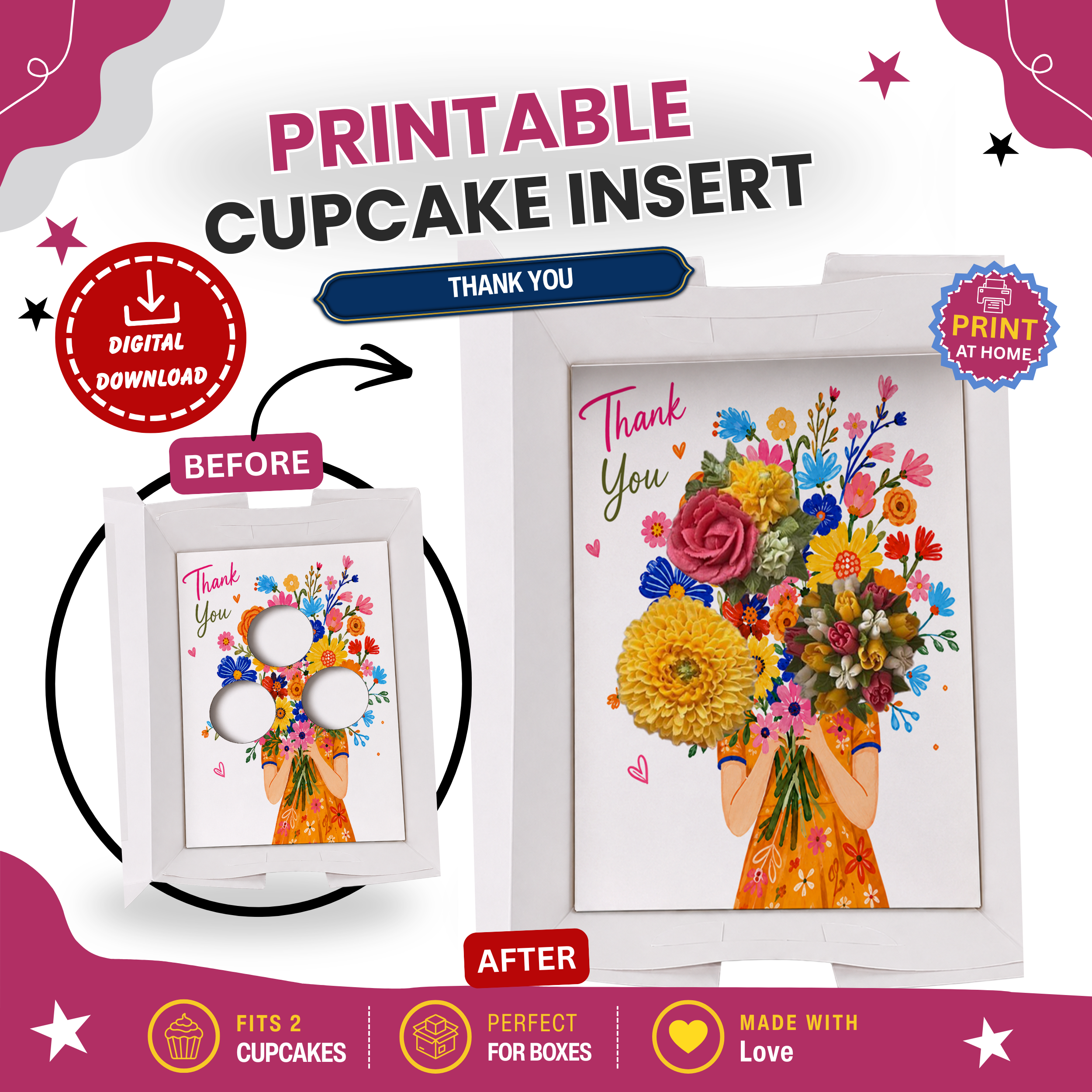 Thank You Cupcake Insert Template, 3 Cupcake Box Insert Printable, Floral Bouquet Cupcake Holder, Digital Bakery Packaging