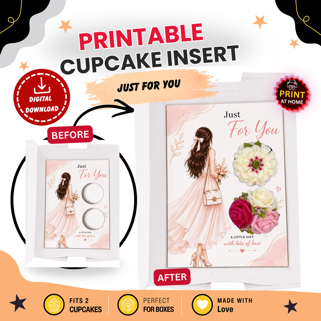 Just For You Cupcake Insert Template, 2 Cupcake Holder, Printable Cupcake Box Insert, Floral Gift Box PDF, Pink Gift Design