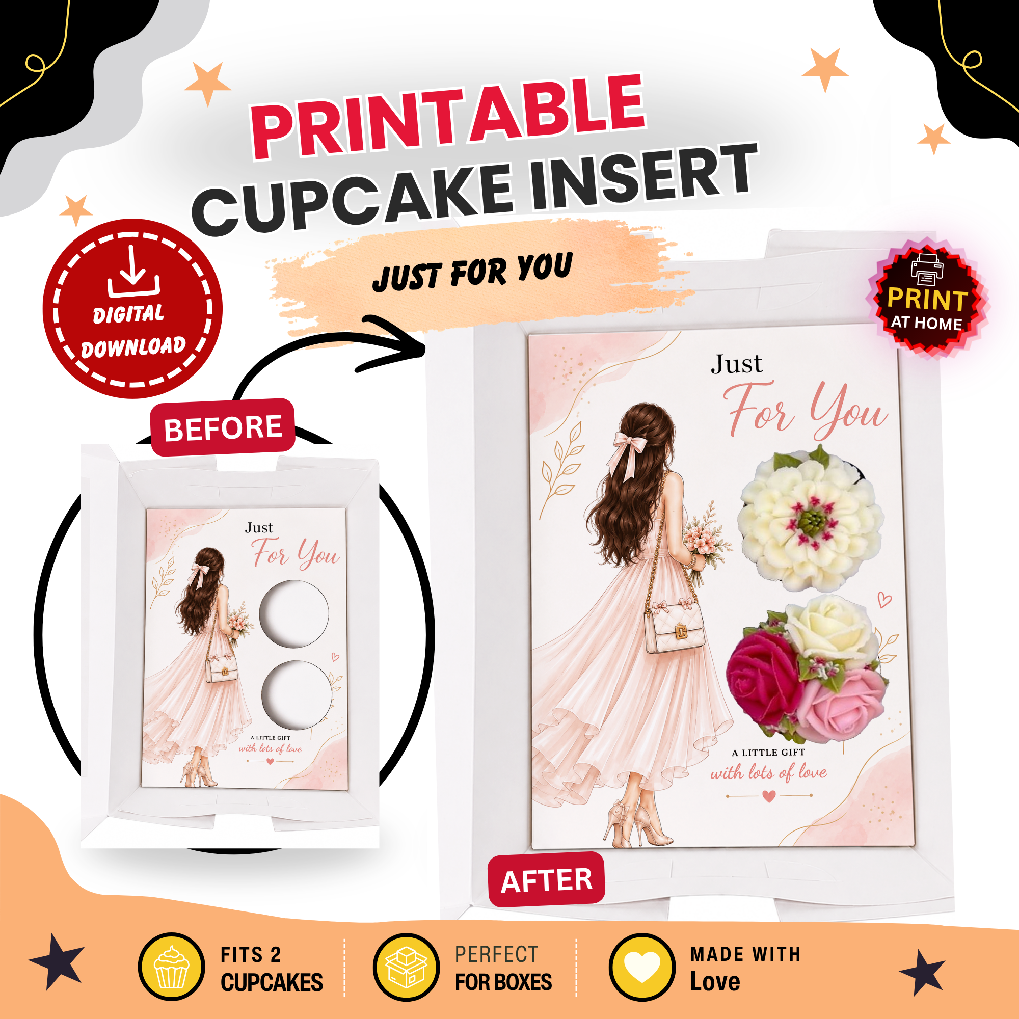 Just For You Cupcake Insert Template, 2 Cupcake Holder, Printable Cupcake Box Insert, Floral Gift Box PDF, Pink Gift Design