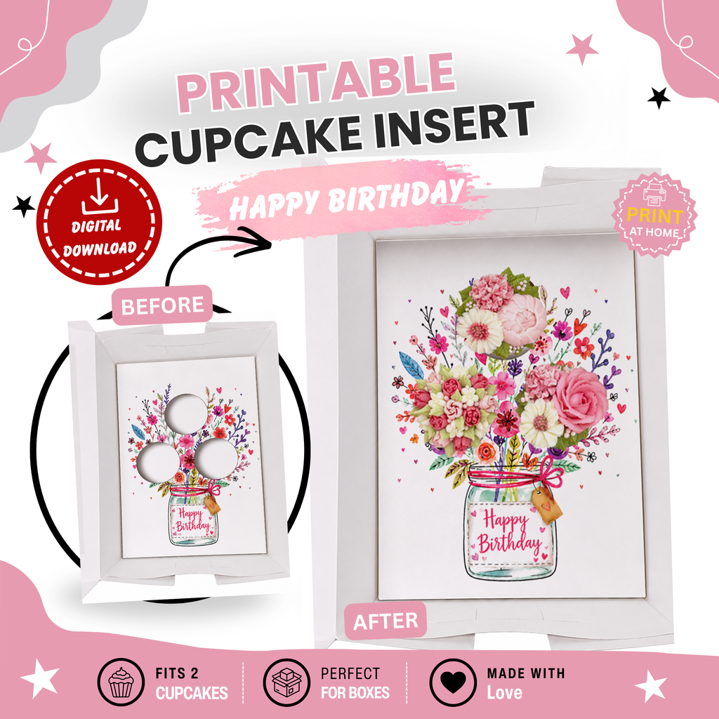 Flower Bouquet Cupcake Insert Template, Happy Birthday Cupcake Holder, 3 Cupcake Bouquet Box Insert, Printable Cupcake Display