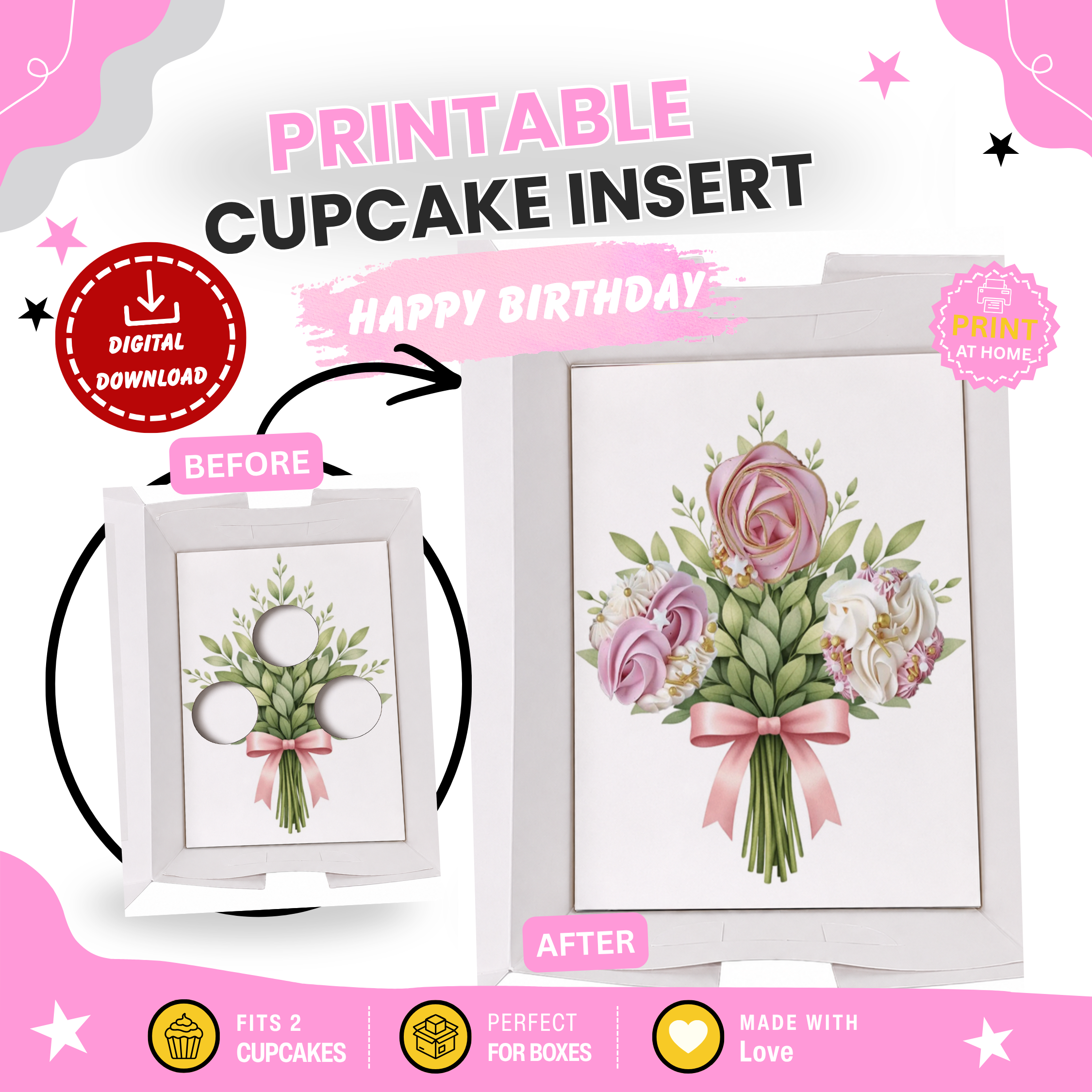 Floral Cupcake Insert Template A4, Bouquet Cupcake Holder, Printable Gift Box Insert, 3 Cupcake Display, DIY Bakery Packaging