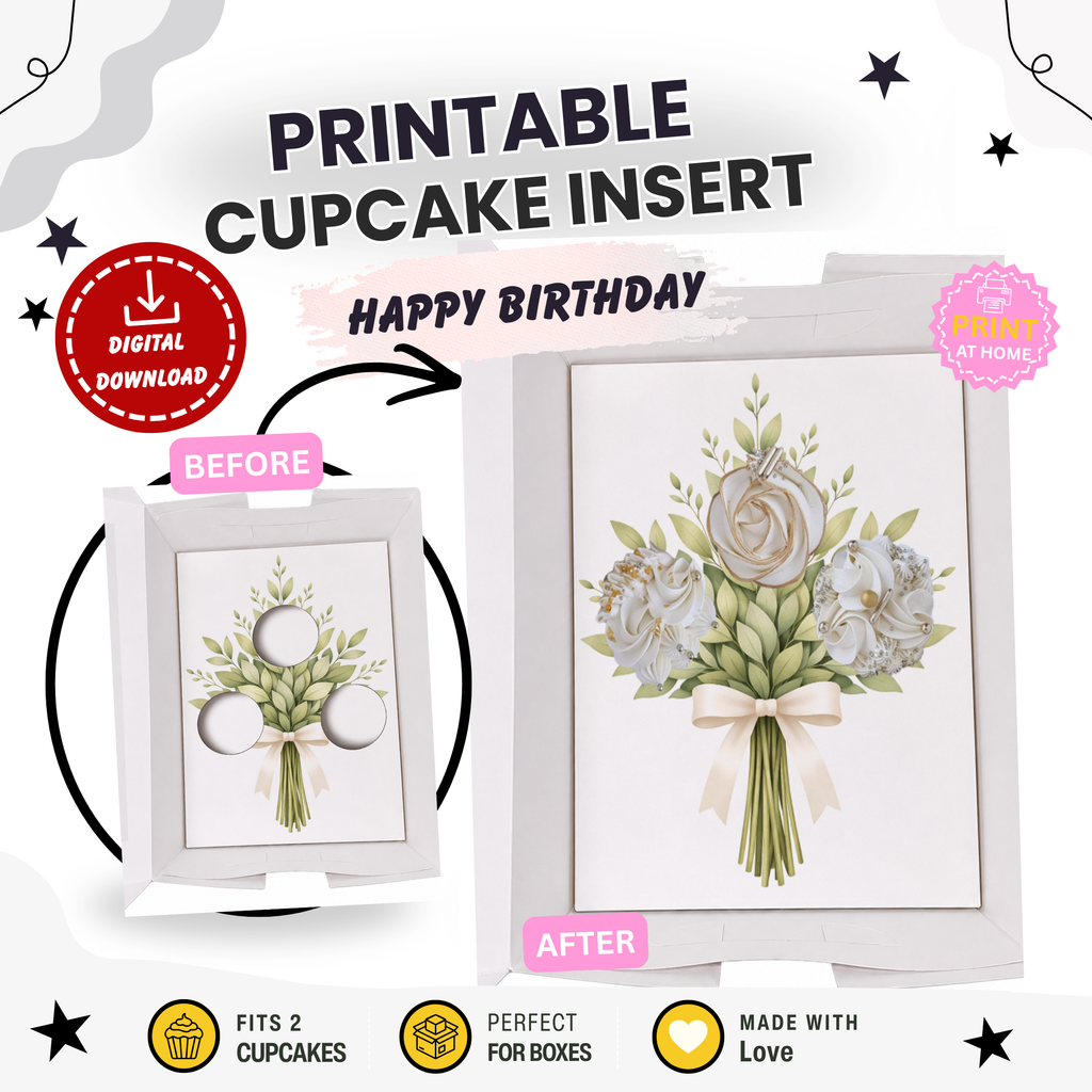 Flower Bouquet Cupcake Insert Template, White Ribbon Floral Cupcake Holder, Printable Gift Box Insert, 3 Cupcake Display