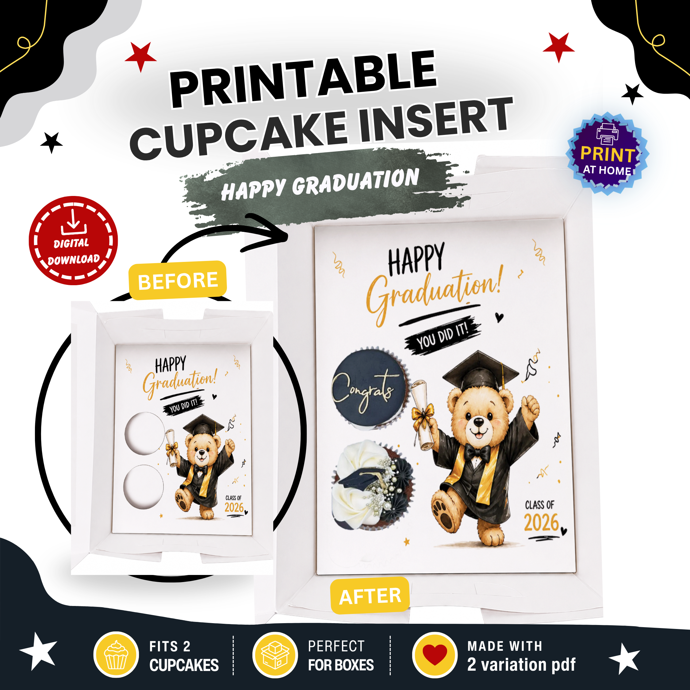 Graduation Cupcake Insert Template, Class of 2026 Printable 2 Cupcake Holder, Teddy Bear Grad Box Insert, Graduation Gift Box PDF