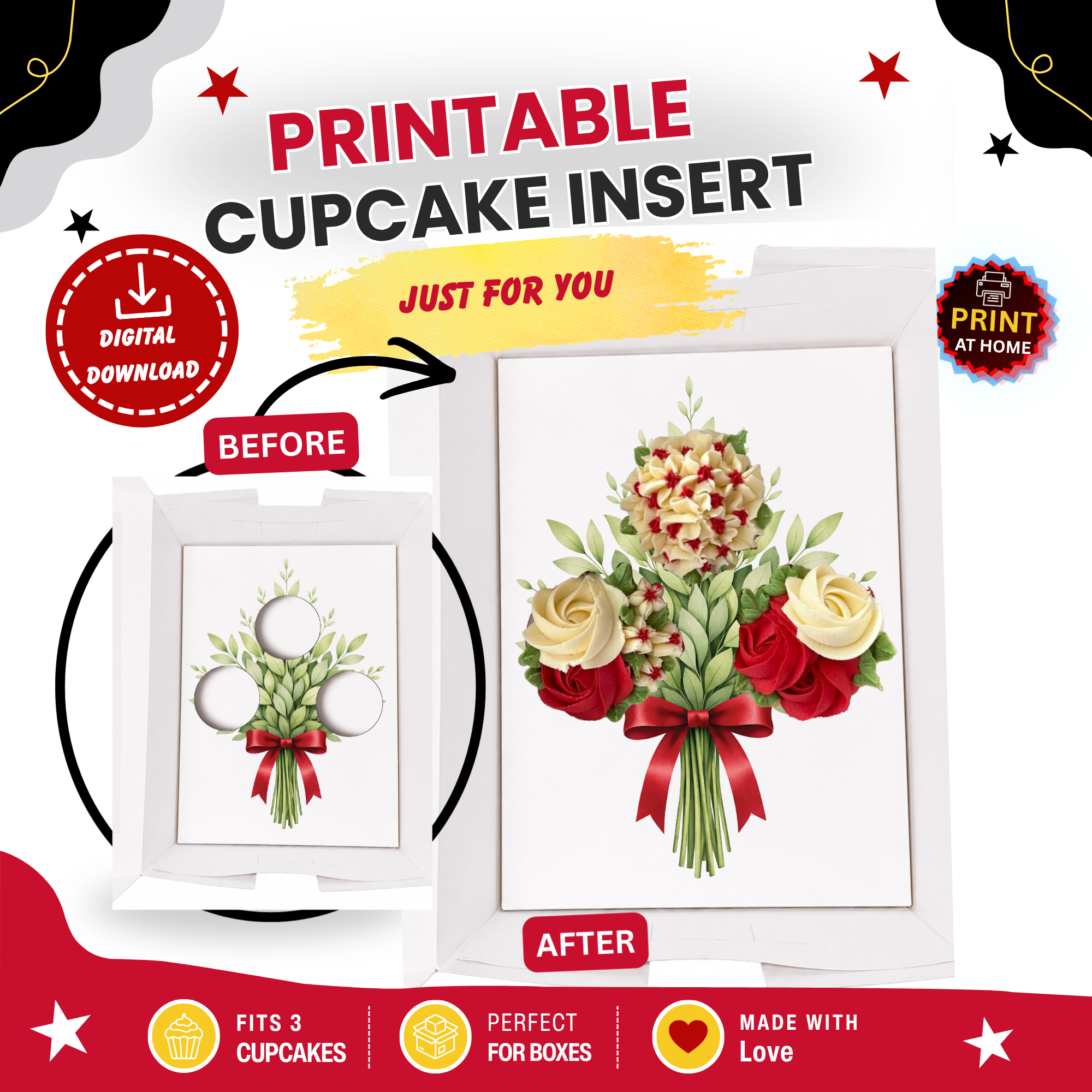 Floral Cupcake Bouquet Insert Template, 3 Cupcake Holder Printable, Rose Flower Cupcake Box Insert, A4 US Letter Bakery Packaging