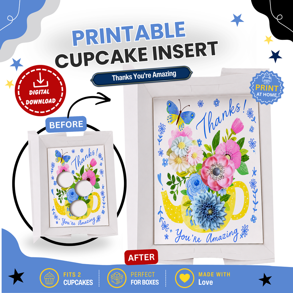 Thank You Cupcake Insert Template, 3 Cupcake Box Insert Printable, Floral Bouquet Cupcake Holder, Digital Bakery Packaging