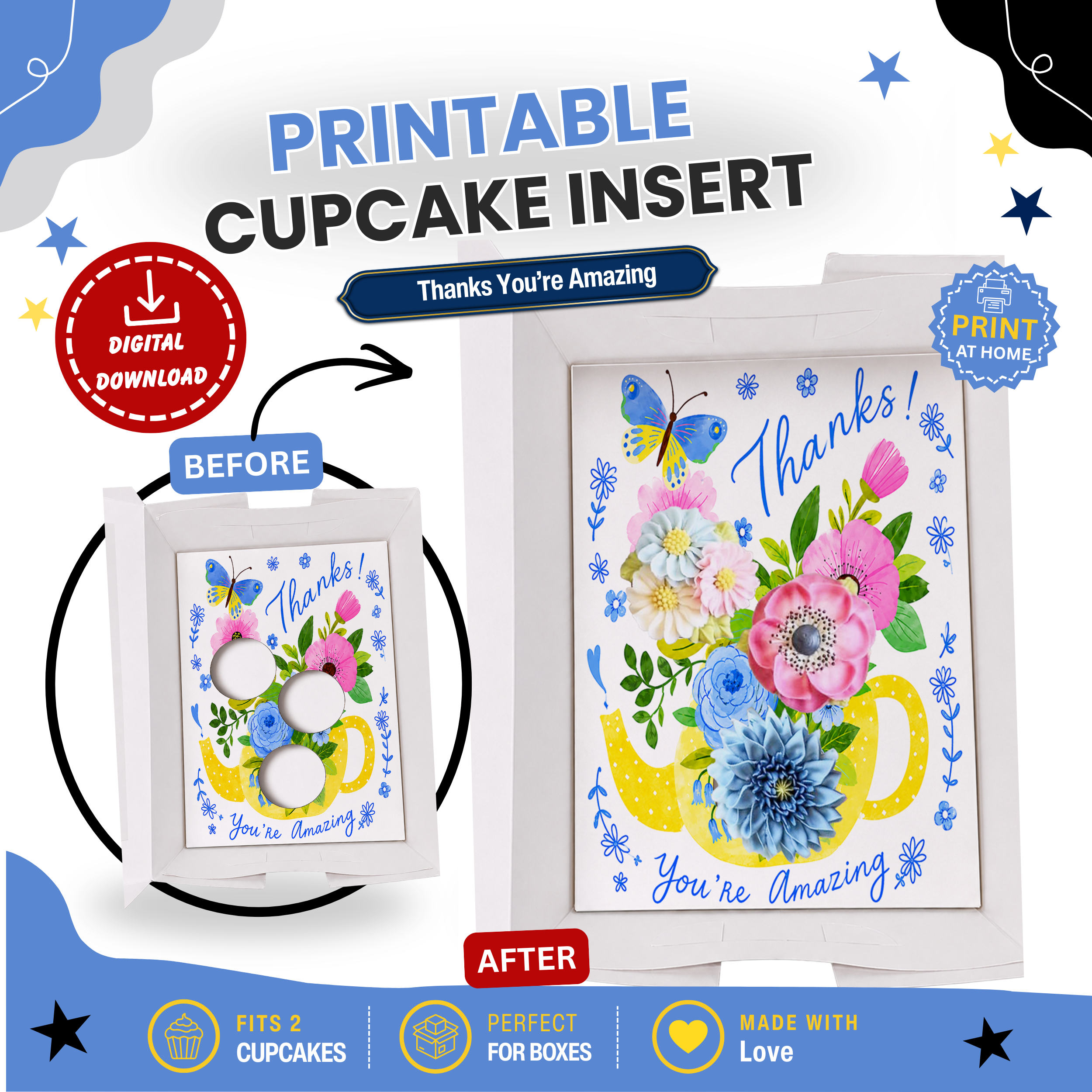 Thank You Cupcake Insert Template, 3 Cupcake Box Insert Printable, Floral Bouquet Cupcake Holder, Digital Bakery Packaging