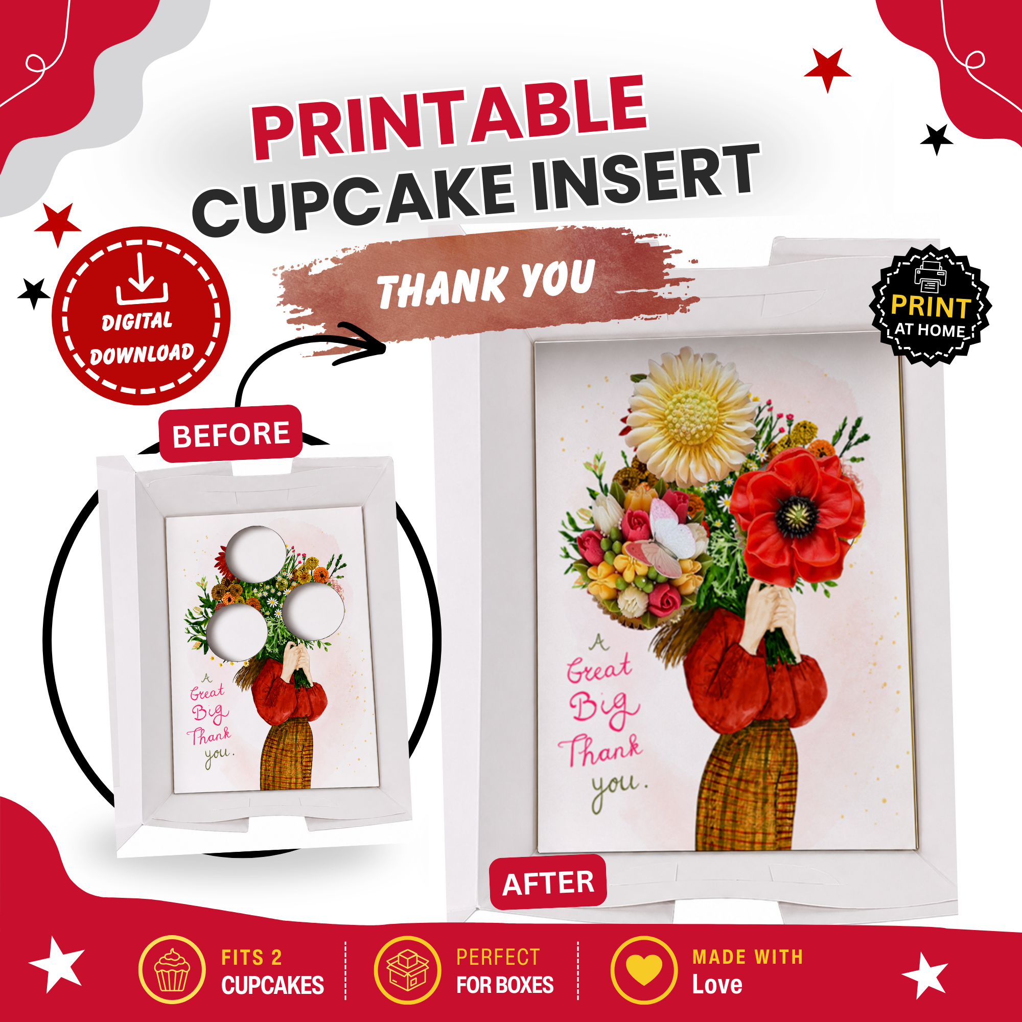 Thank You Cupcake Insert Template, Floral Cupcake Bouquet Holder, 3 Cupcake Box Insert Printable, Unique Cupcake Gift Box Insert