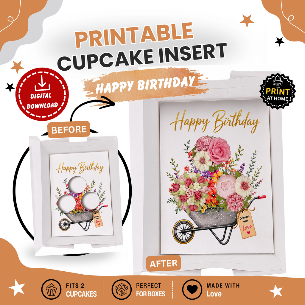 Happy Birthday Cupcake Insert Template, Flower Bouquet Cupcake Holder, 3 Cupcake Box Insert, Printable Cupcake Bouque Floral Gift Box Insert