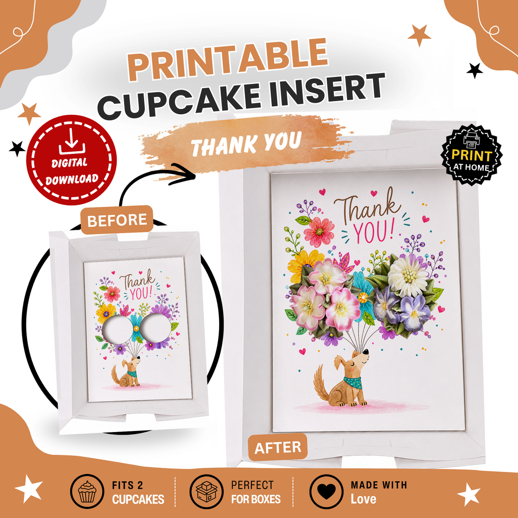 Thank You Cupcake Insert Template, Cute Dog Cupcake Bouquet Holder, 2 Cupcake Box Insert , Floral Cupcake Gift Box Insert, Pet Lover Gift