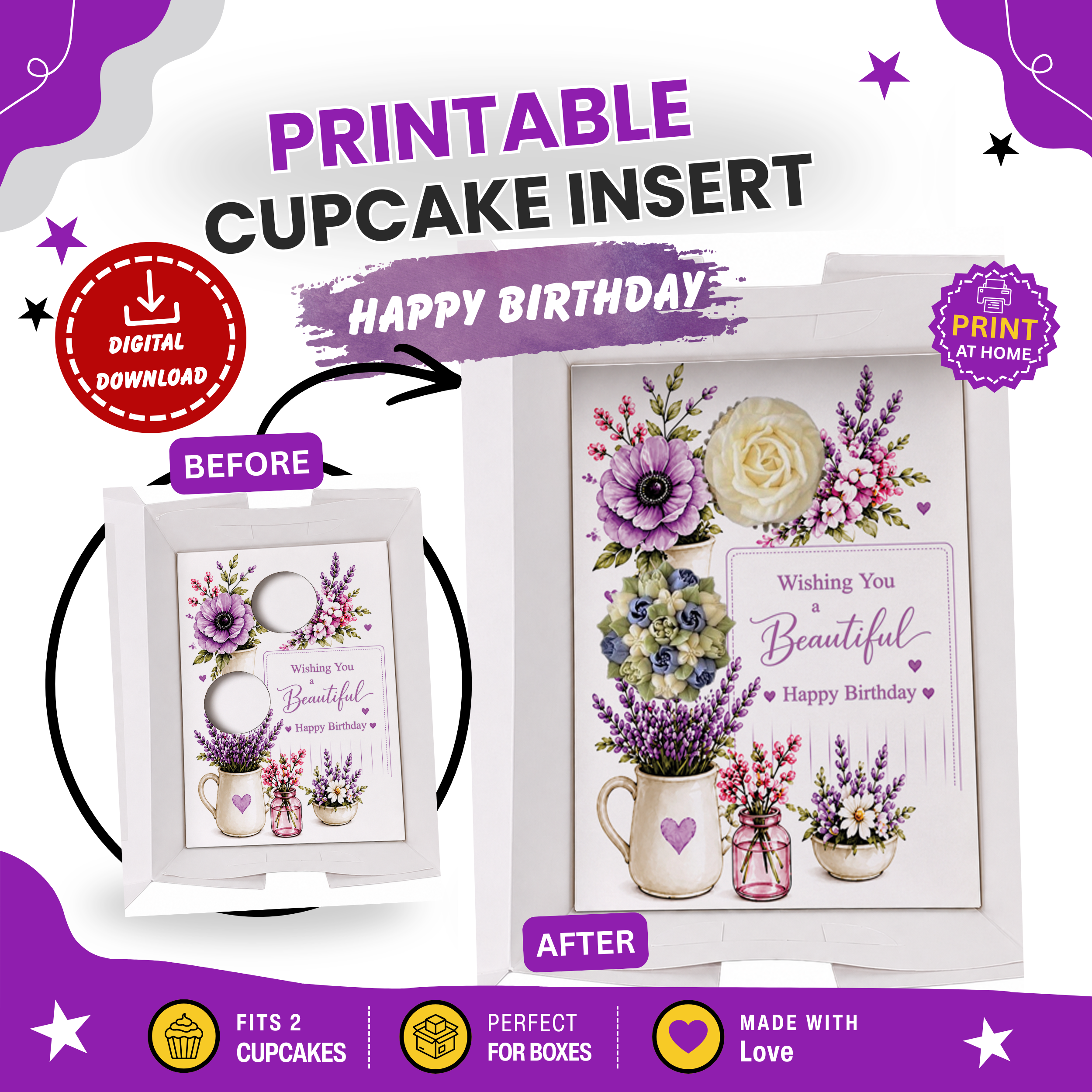Birthday Cupcake Insert Template, Floral Cupcake Holder 2 , Printable Cupcake Bouquet, Happy Birthday Gift Box Insert, Purple Flower Design