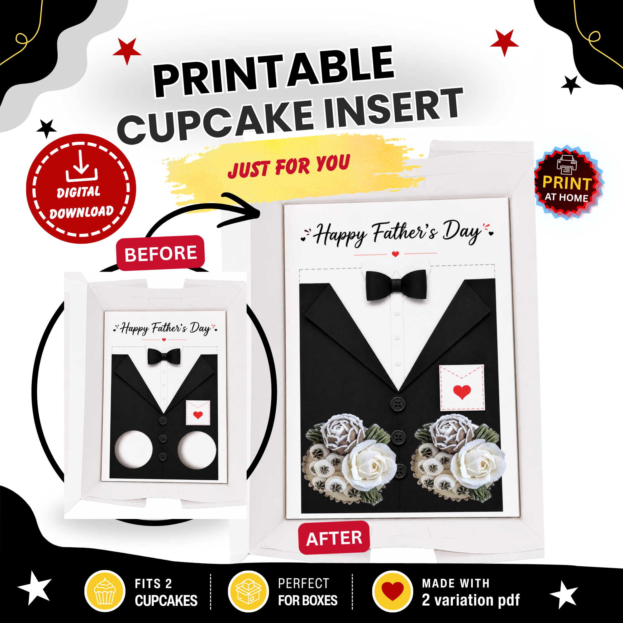 Happy Birthday  Cupcake Insert Template, Happy Birthday Cupcake Box Insert, 2 Cupcake Holder Printable, Tuxedo Box PDF