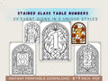 Stained Glass Table Numbers Template 5x7 | Faux Cathedral Window Wedding Sign Set | 30 Printable Event Cards in 5 Unique Styles