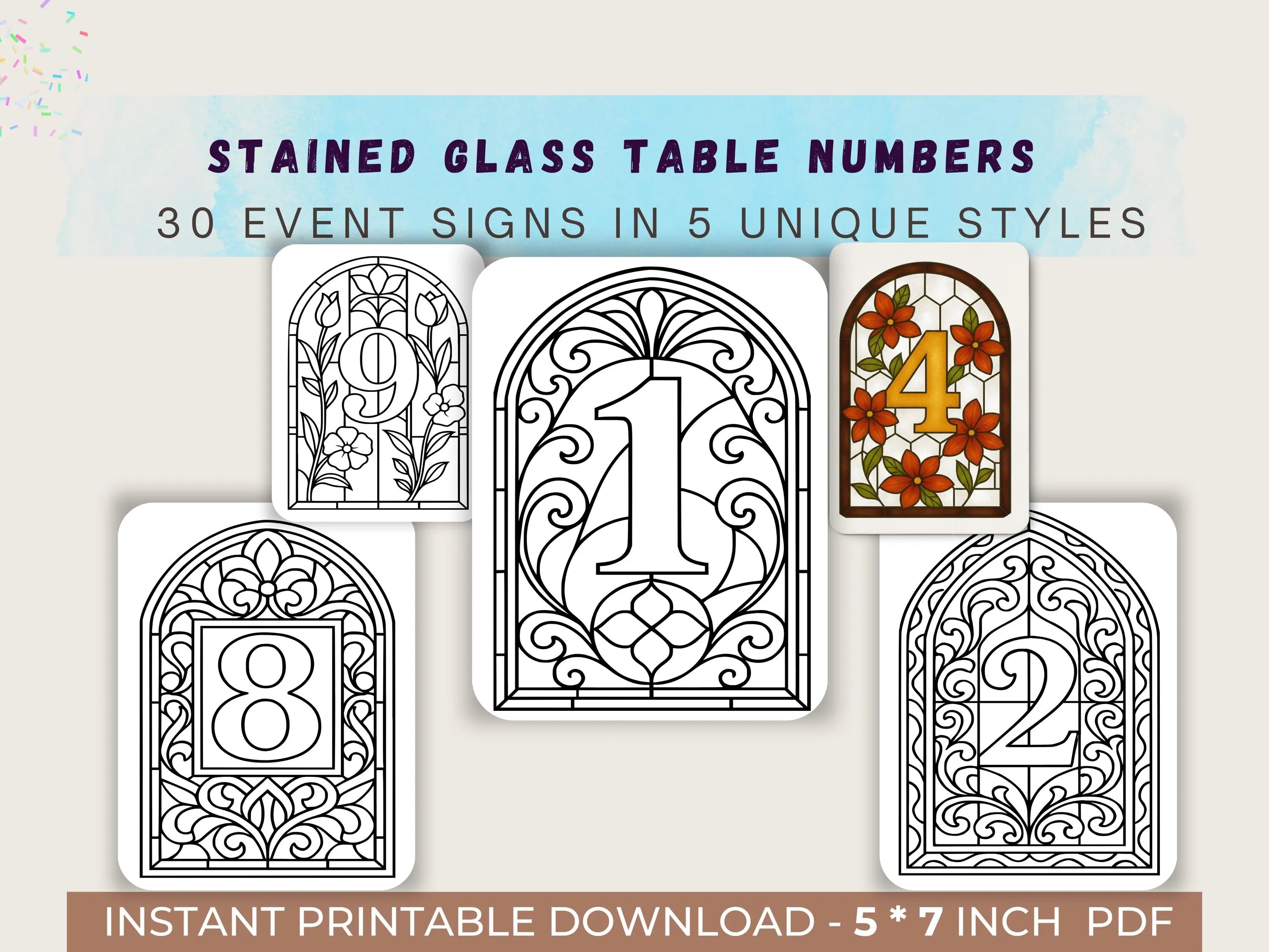 Stained Glass Table Numbers Template 5x7 | Faux Cathedral Window Wedding Sign Set | 30 Printable Event Cards in 5 Unique Styles