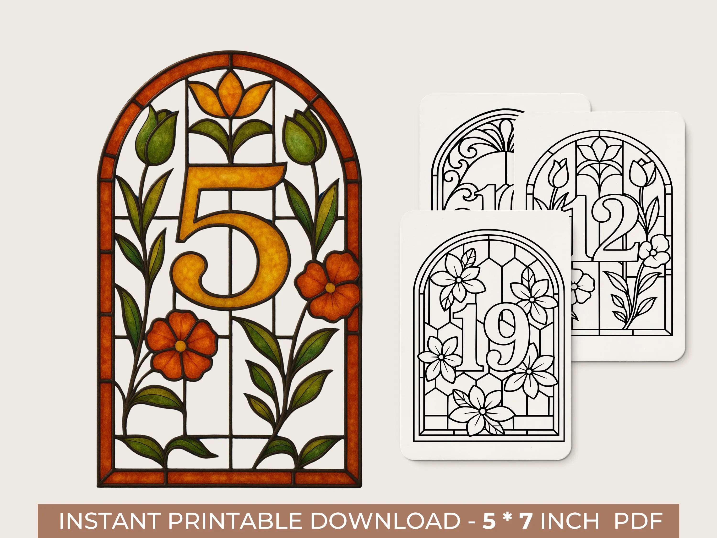 Stained Glass Table Numbers Template 5x7 | Faux Cathedral Window Wedding Sign Set | 30 Printable Event Cards in 5 Unique Styles
