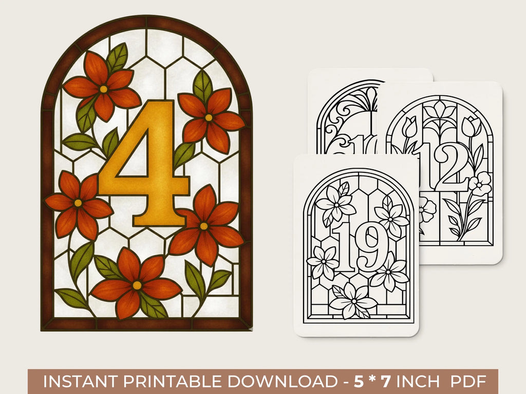 Stained Glass Table Numbers Template 5x7 | Faux Cathedral Window Wedding Sign Set | 30 Printable Event Cards in 5 Unique Styles