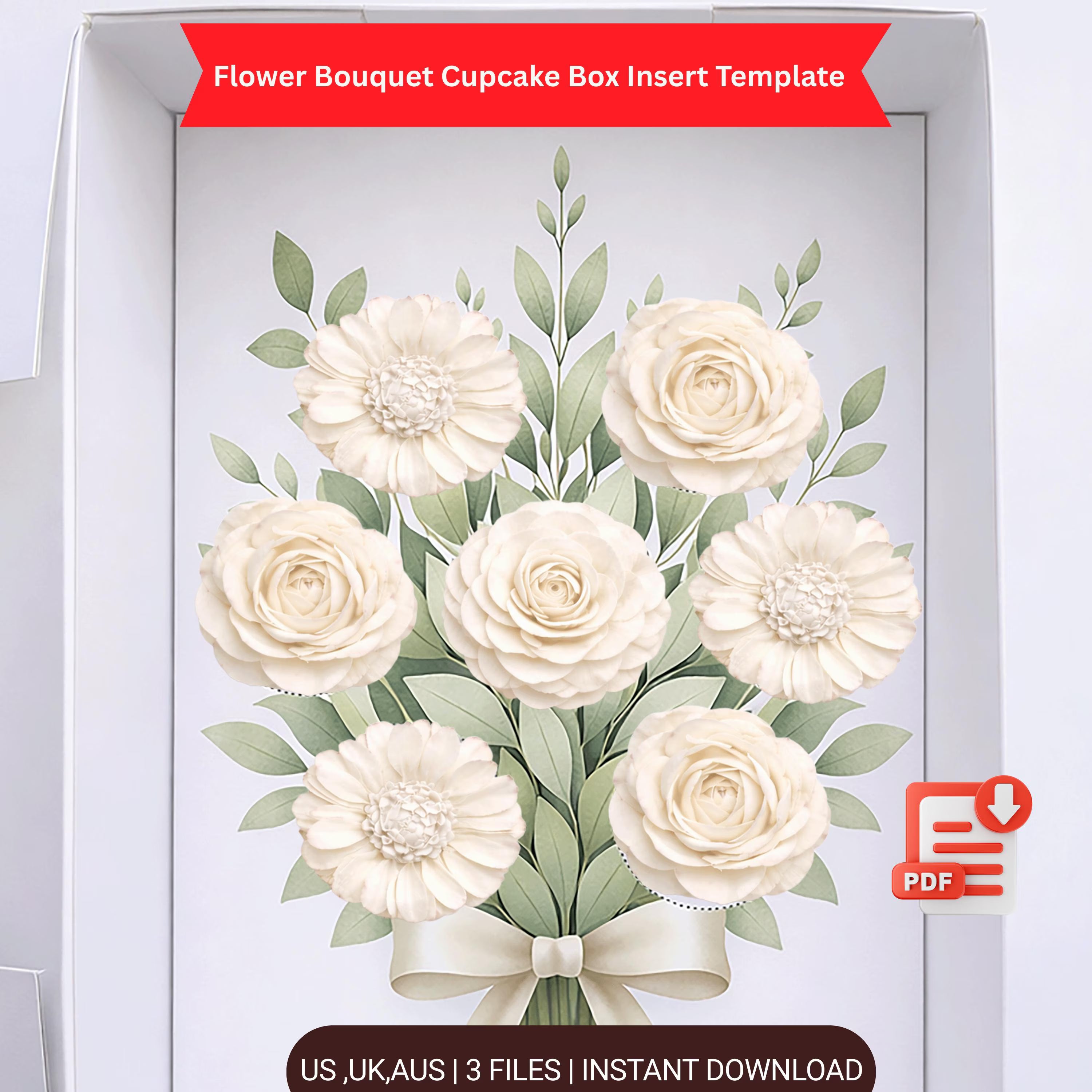 Flower Bouquet Cupcake Box Insert – Printable Template (PDF Download A4/A3/UK Size )
