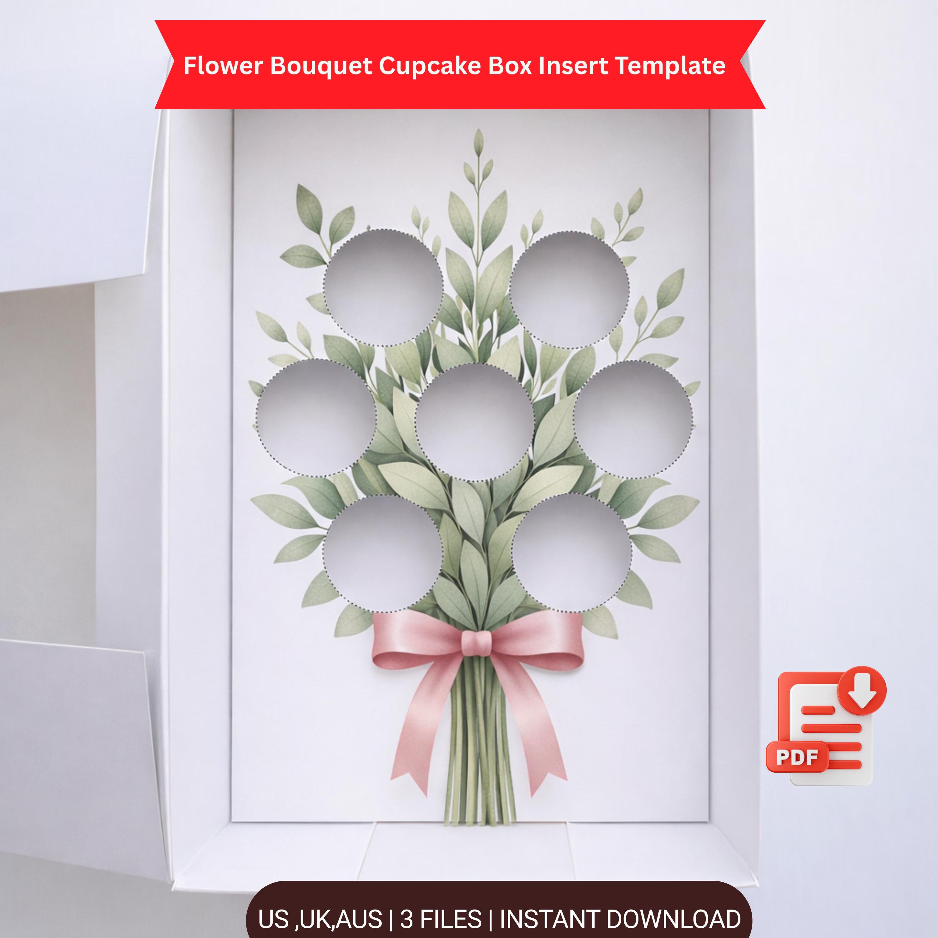 Flower Bouquet Cupcake Box Insert PDF – Ready-Made Cupcake Packaging Template with Pink Ribbon Design