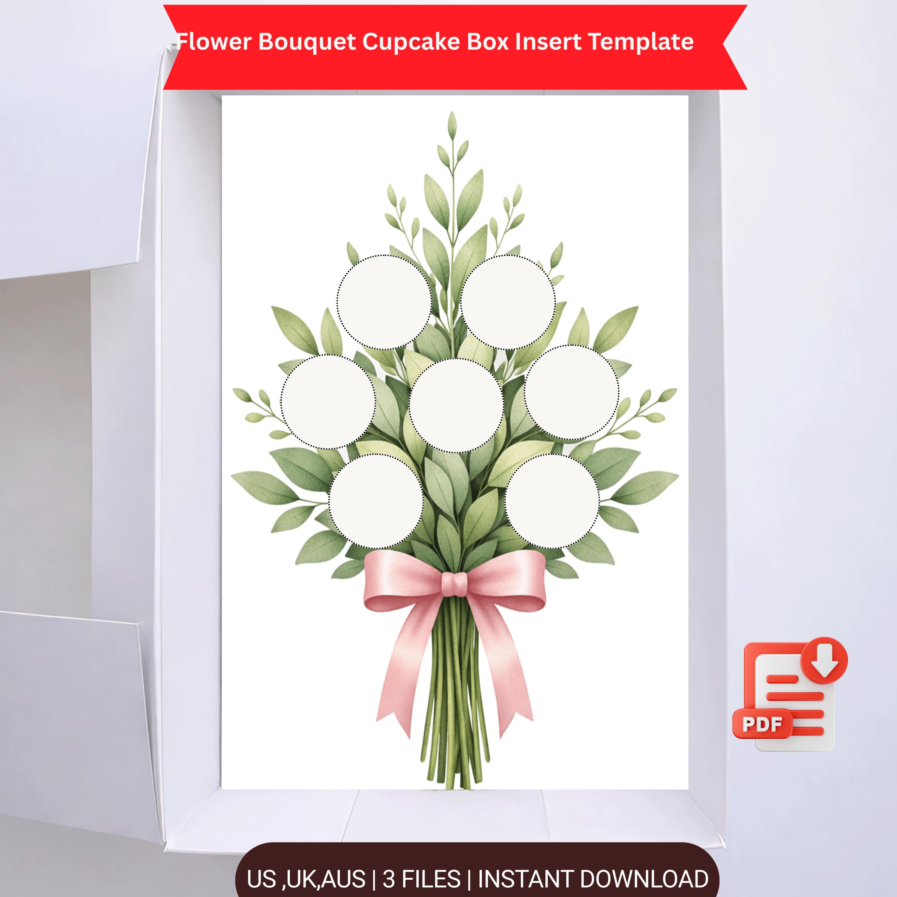 Flower Bouquet Cupcake Box Insert PDF – Ready-Made Cupcake Packaging Template with Pink Ribbon Design