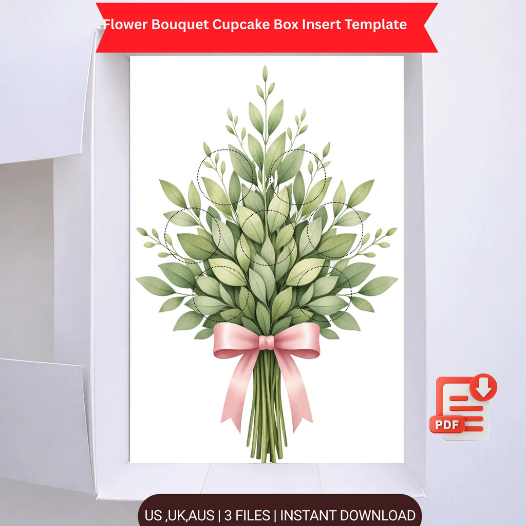 Flower Bouquet Cupcake Box Insert PDF – Ready-Made Cupcake Packaging Template with Pink Ribbon Design