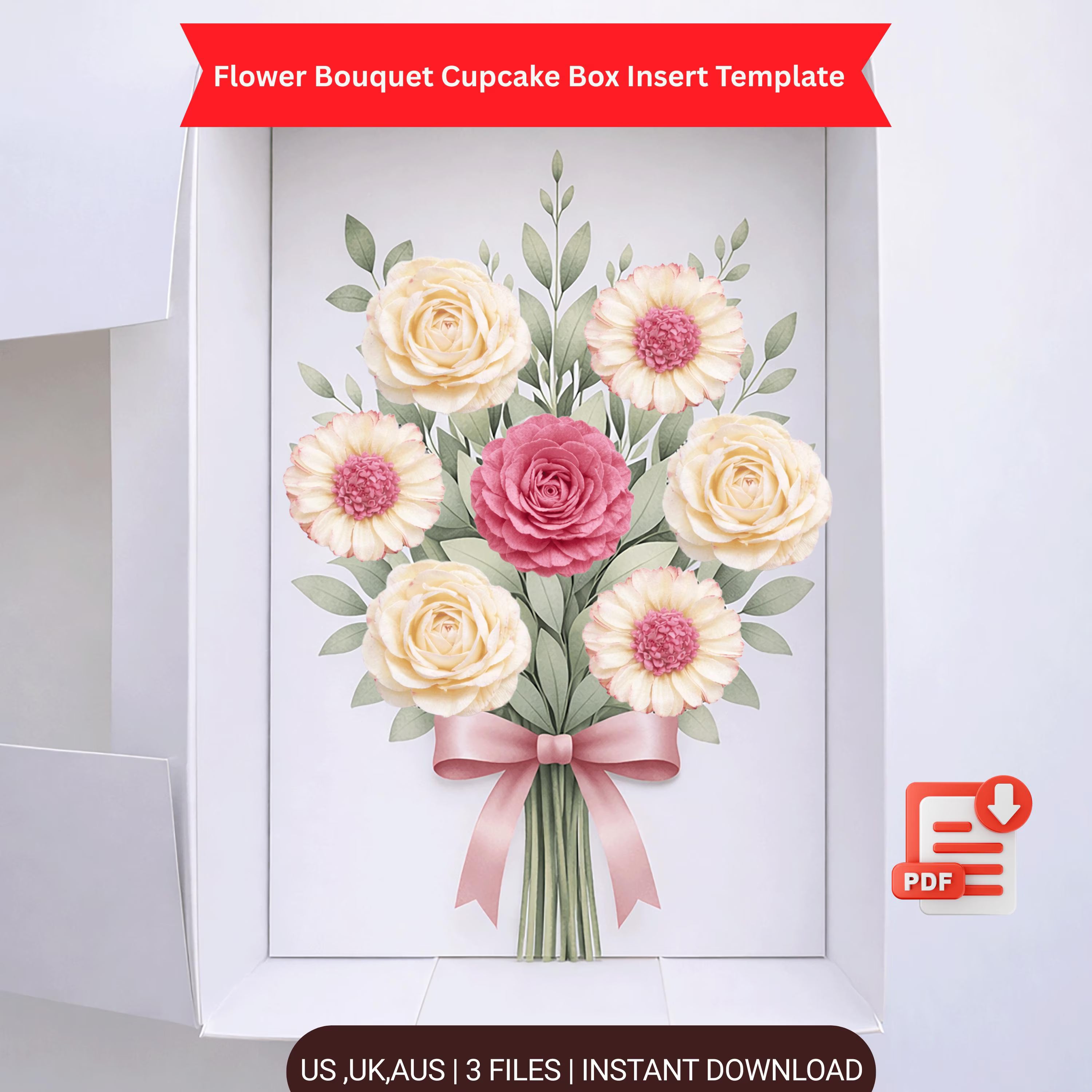 Flower Bouquet Cupcake Box Insert PDF – Ready-Made Cupcake Packaging Template with Pink Ribbon Design