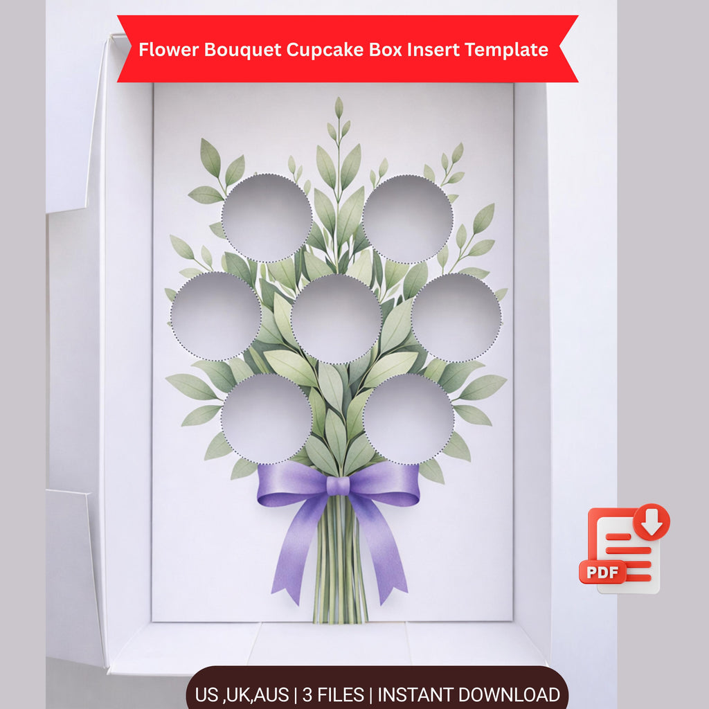 Flower Bouquet Cupcake Box Insert PDF – Ready-Made Printable Packaging Template with Purple Ribbon