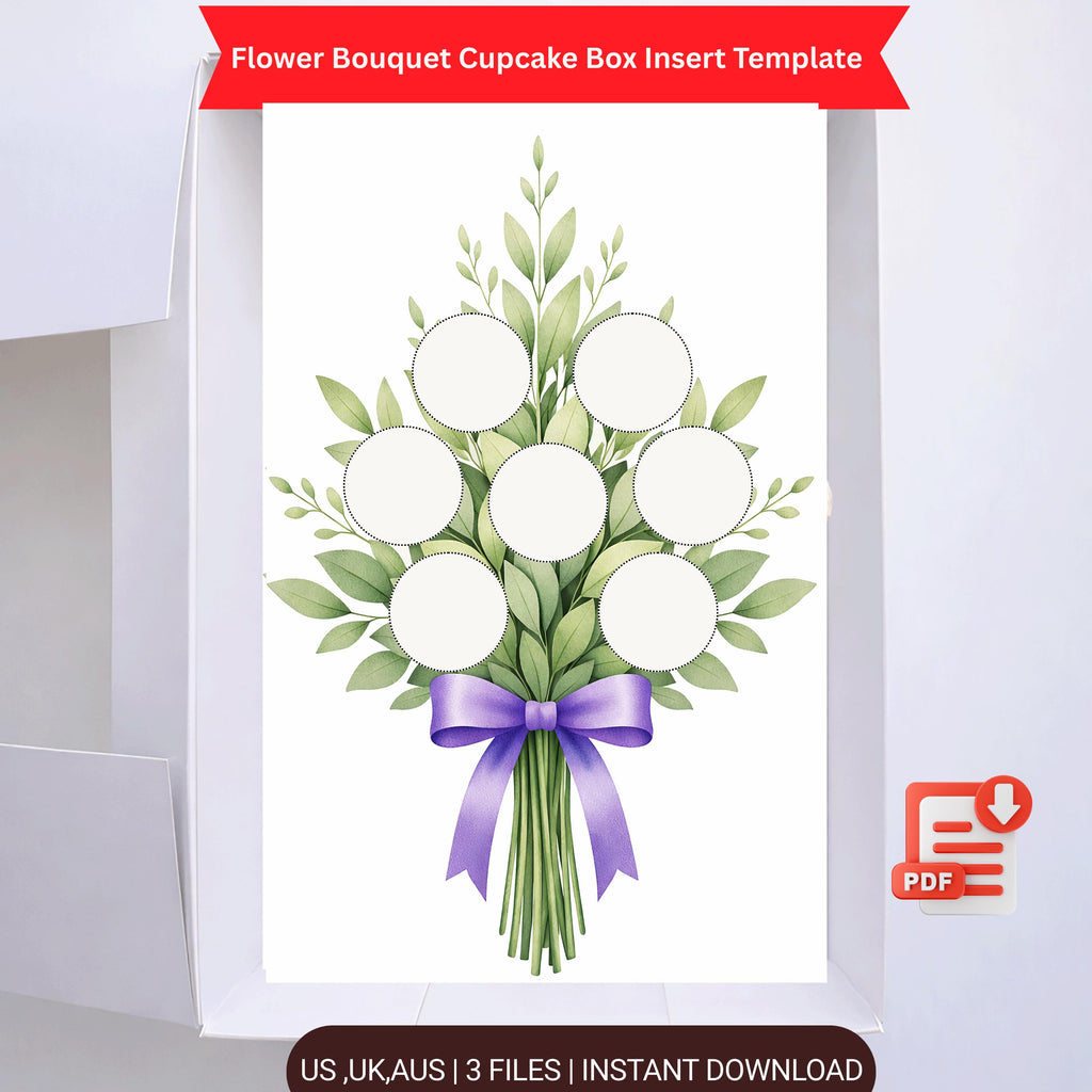 Flower Bouquet Cupcake Box Insert PDF – Ready-Made Printable Packaging Template with Purple Ribbon