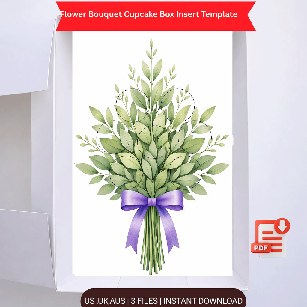 Flower Bouquet Cupcake Box Insert PDF – Ready-Made Printable Packaging Template with Purple Ribbon