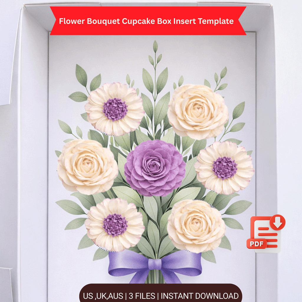 Flower Bouquet Cupcake Box Insert PDF – Ready-Made Printable Packaging Template with Purple Ribbon