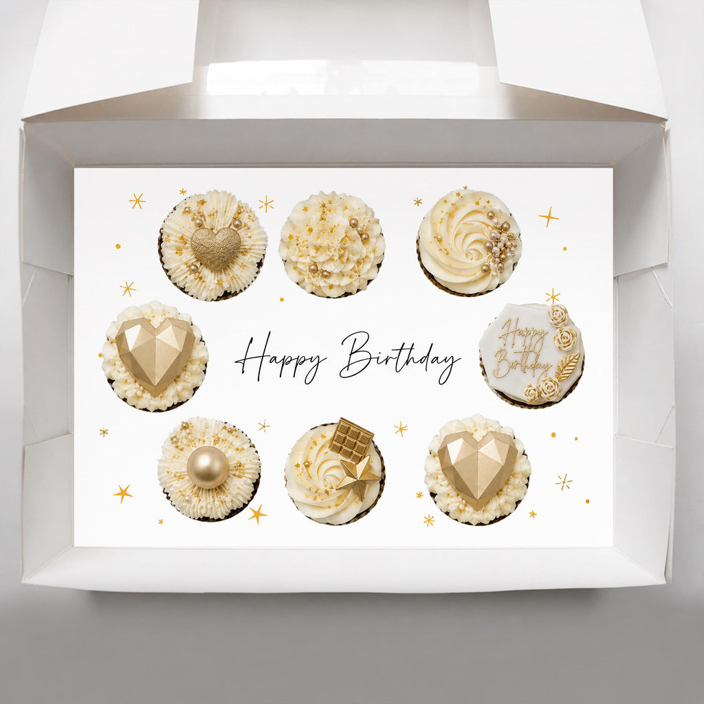 8 Cupcake Birthday Box Insert PDF, Printable Happy Birthday Cupcake Holder Template, Gold Star Cupcake Packaging, Digital Bakery Box Insert