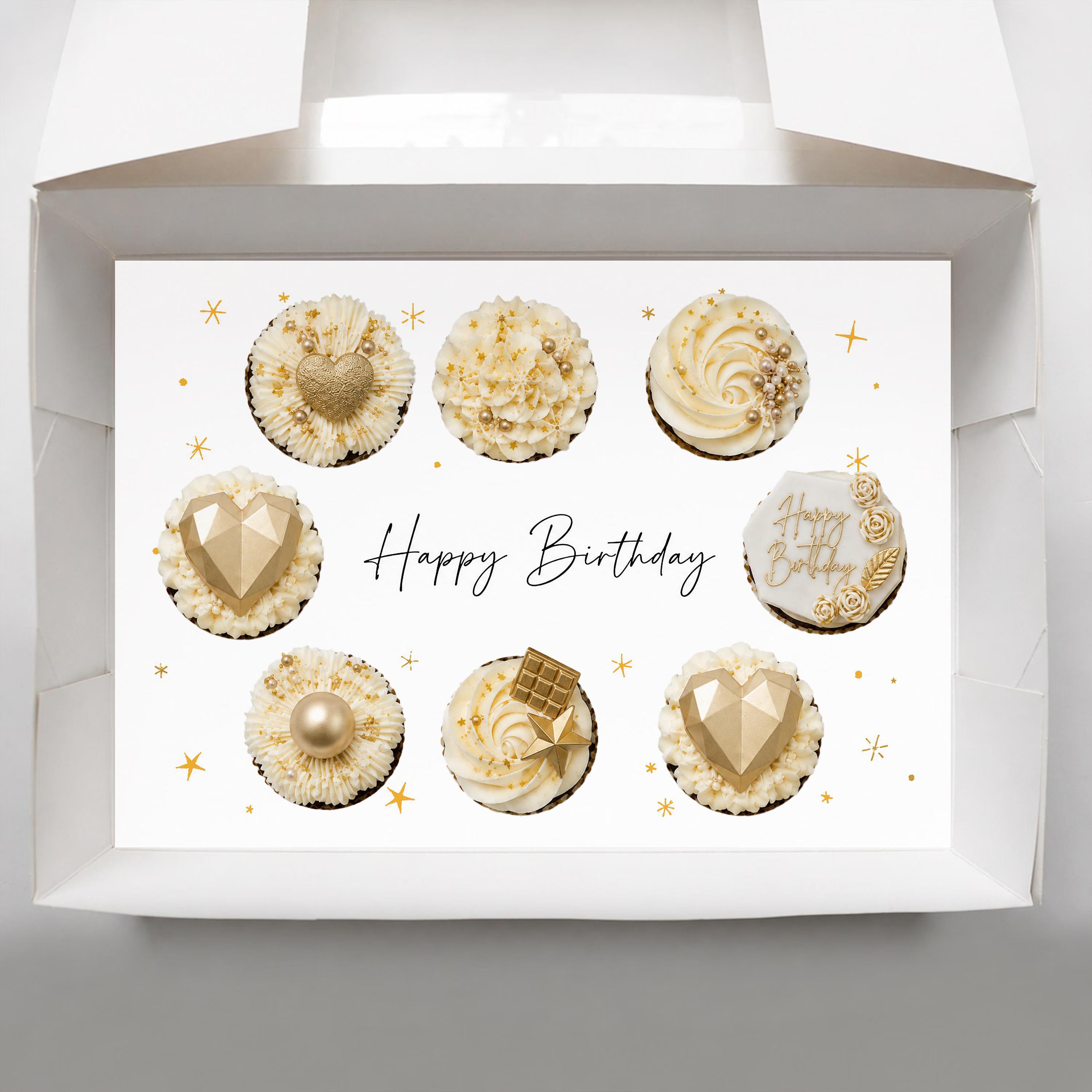 8 Cupcake Birthday Box Insert PDF, Printable Happy Birthday Cupcake Holder Template, Gold Star Cupcake Packaging, Digital Bakery Box Insert