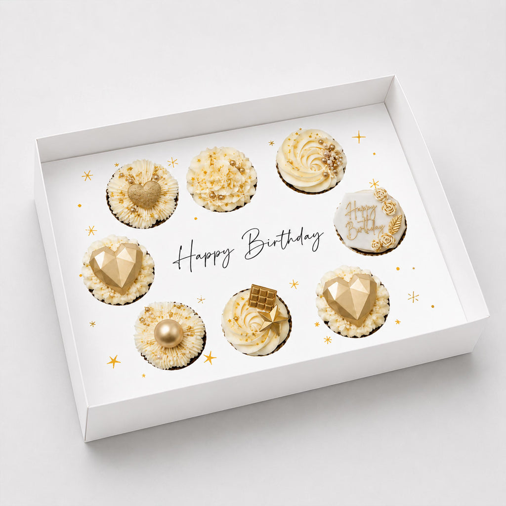 8 Cupcake Birthday Box Insert PDF, Printable Happy Birthday Cupcake Holder Template, Gold Star Cupcake Packaging, Digital Bakery Box Insert