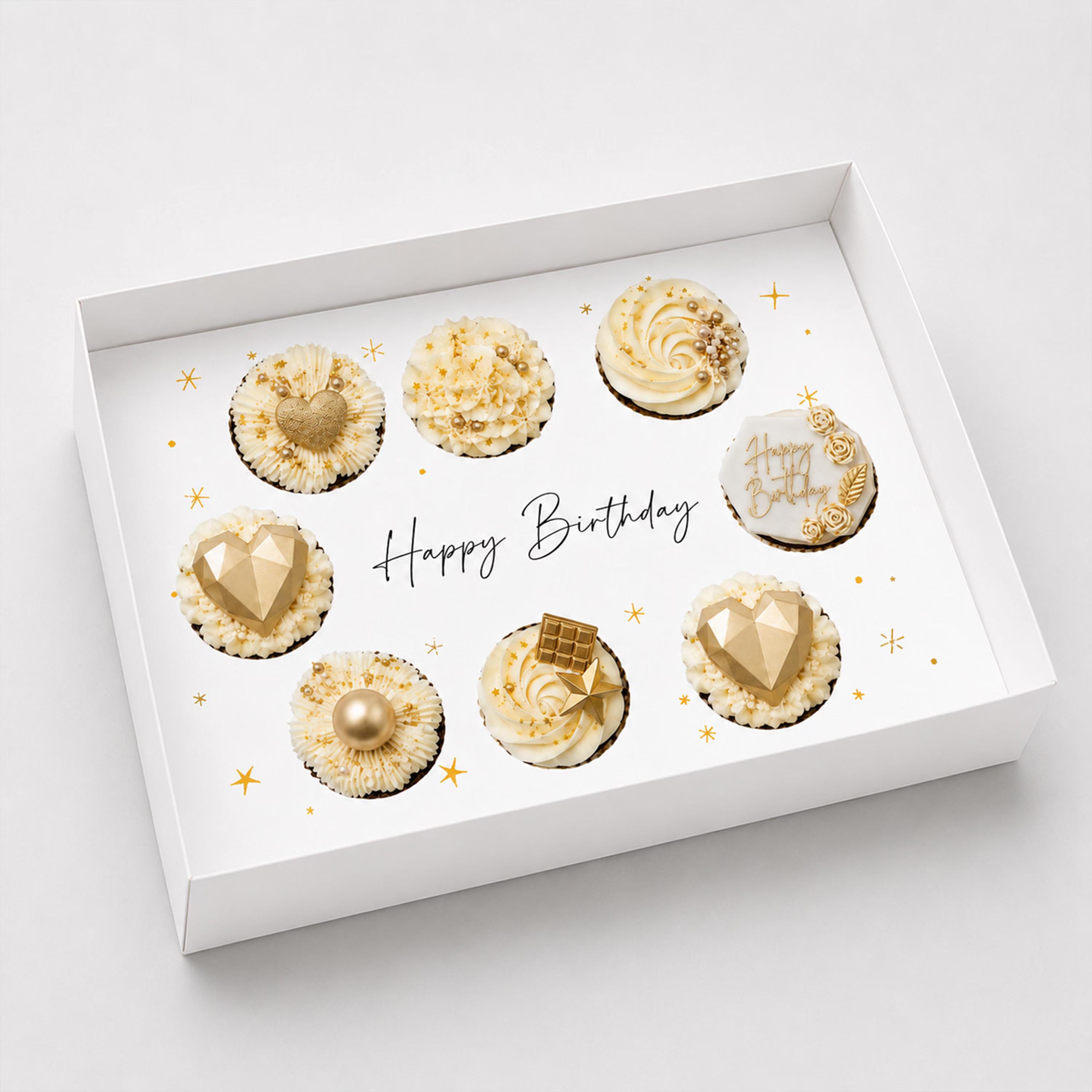 8 Cupcake Birthday Box Insert PDF, Printable Happy Birthday Cupcake Holder Template, Gold Star Cupcake Packaging, Digital Bakery Box Insert