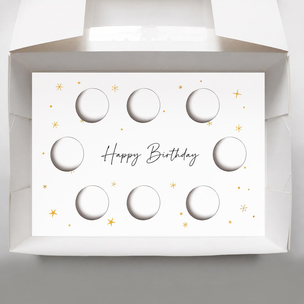 8 Cupcake Birthday Box Insert PDF, Printable Happy Birthday Cupcake Holder Template, Gold Star Cupcake Packaging, Digital Bakery Box Insert