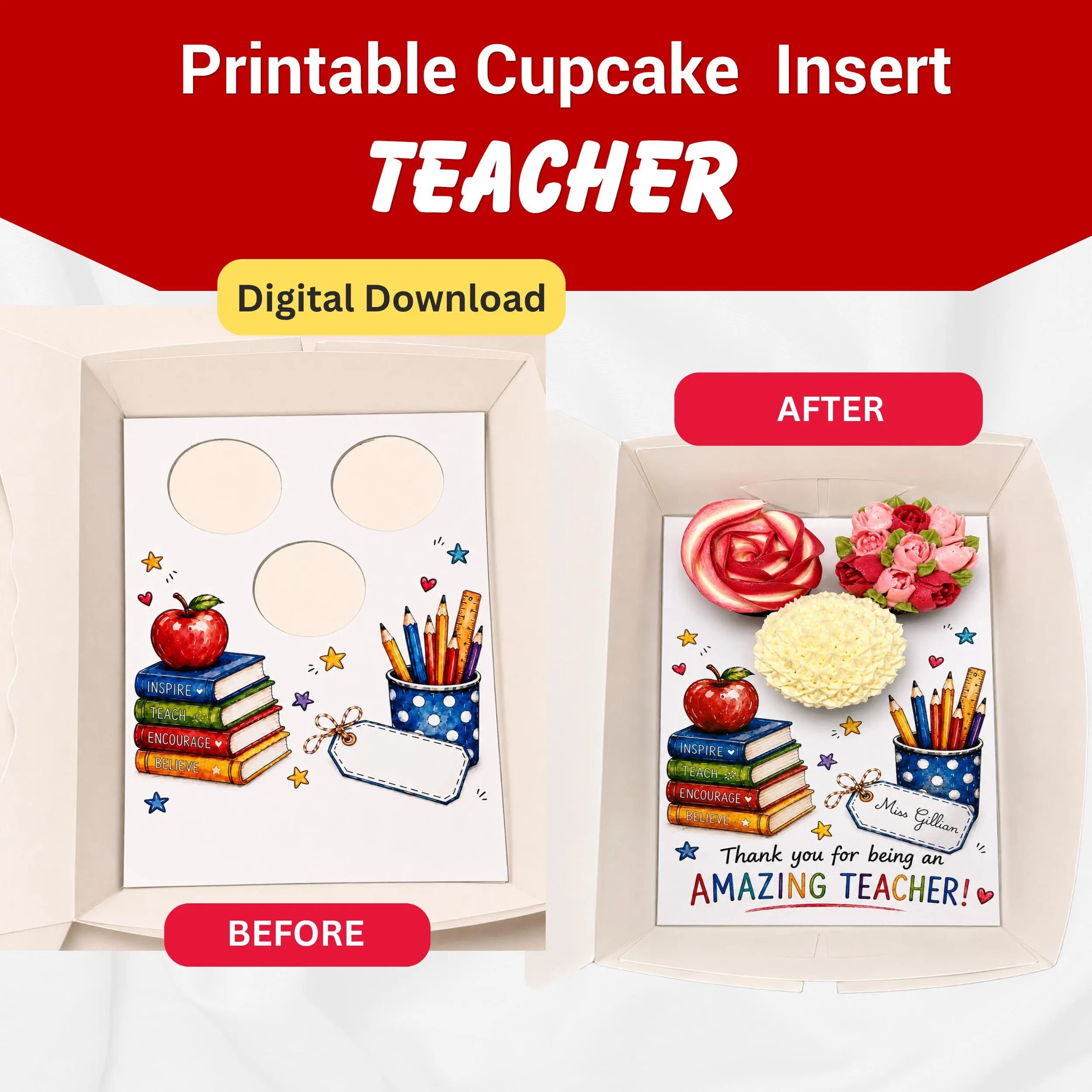 Teacher Appreciation Cupcake Insert Template, Custom Text Cupcake Bouquet Holder, 3 Cupcake Box Insert Printable, Teacher Gift Packaging