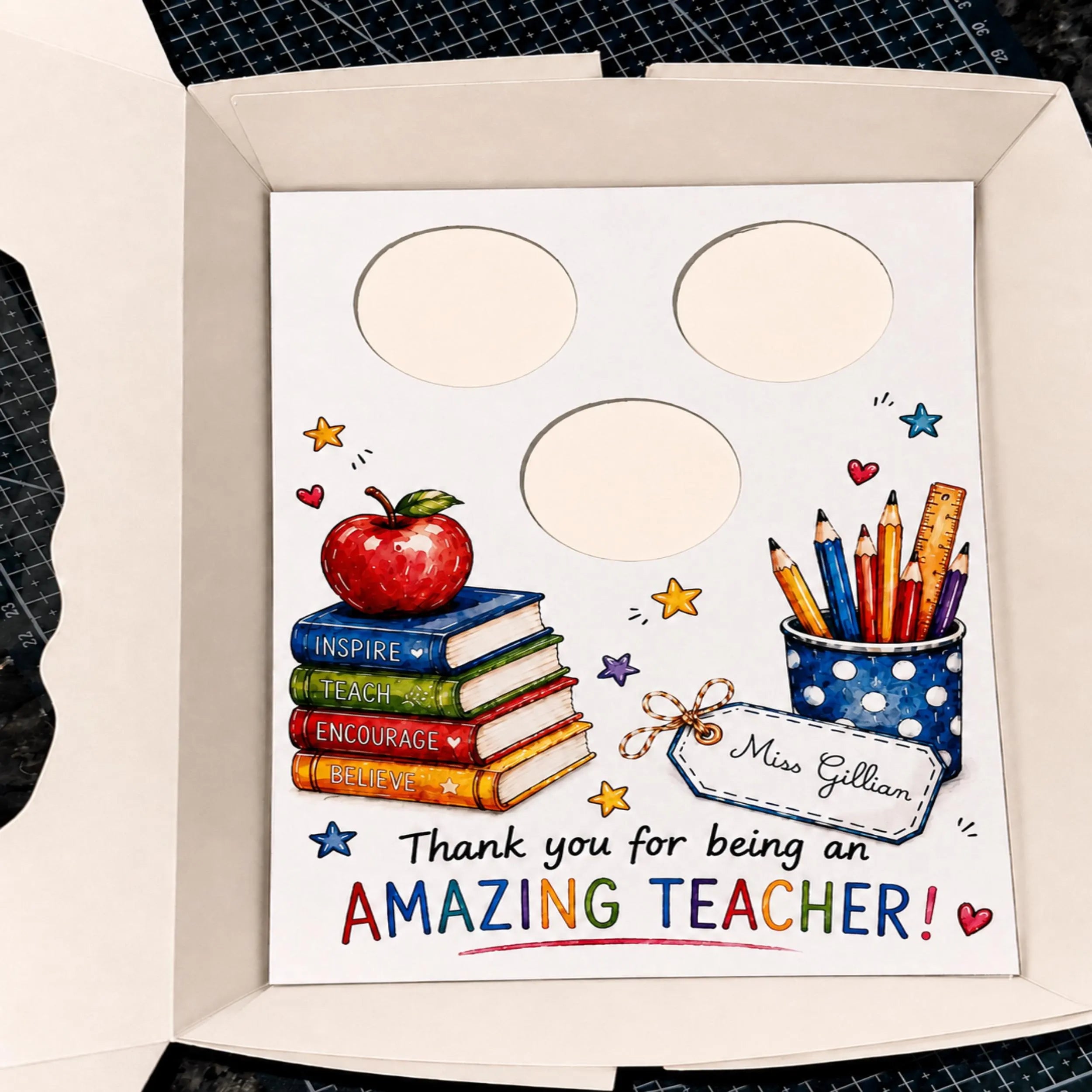 Teacher Appreciation Cupcake Insert Template, Custom Text Cupcake Bouquet Holder, 3 Cupcake Box Insert Printable, Teacher Gift Packaging