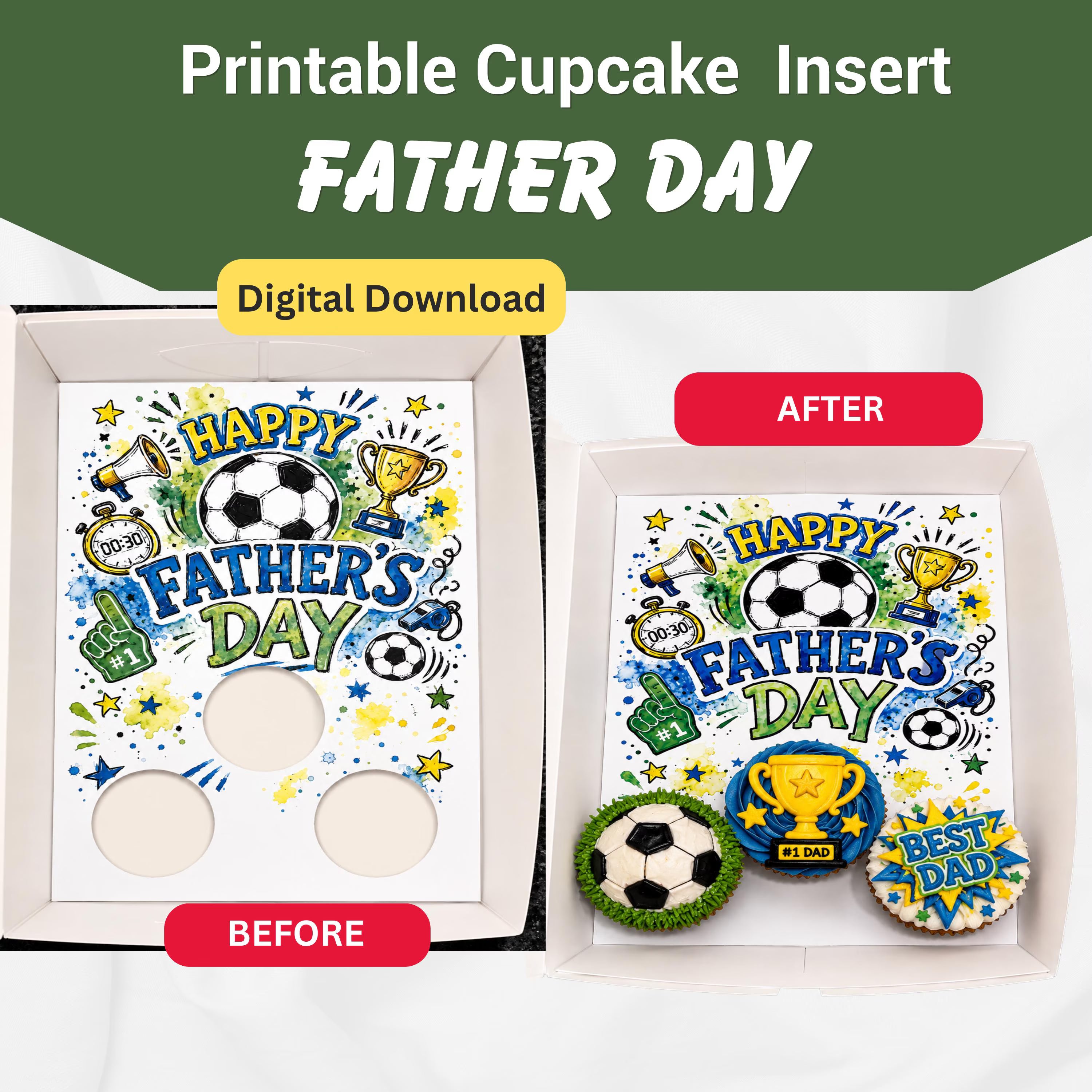 Father’s Day Cupcake Insert Template, Soccer Cupcake Bouquet Holder, Printable 3 Cupcake Box Insert, Dad Gift Bakery Packaging PDF