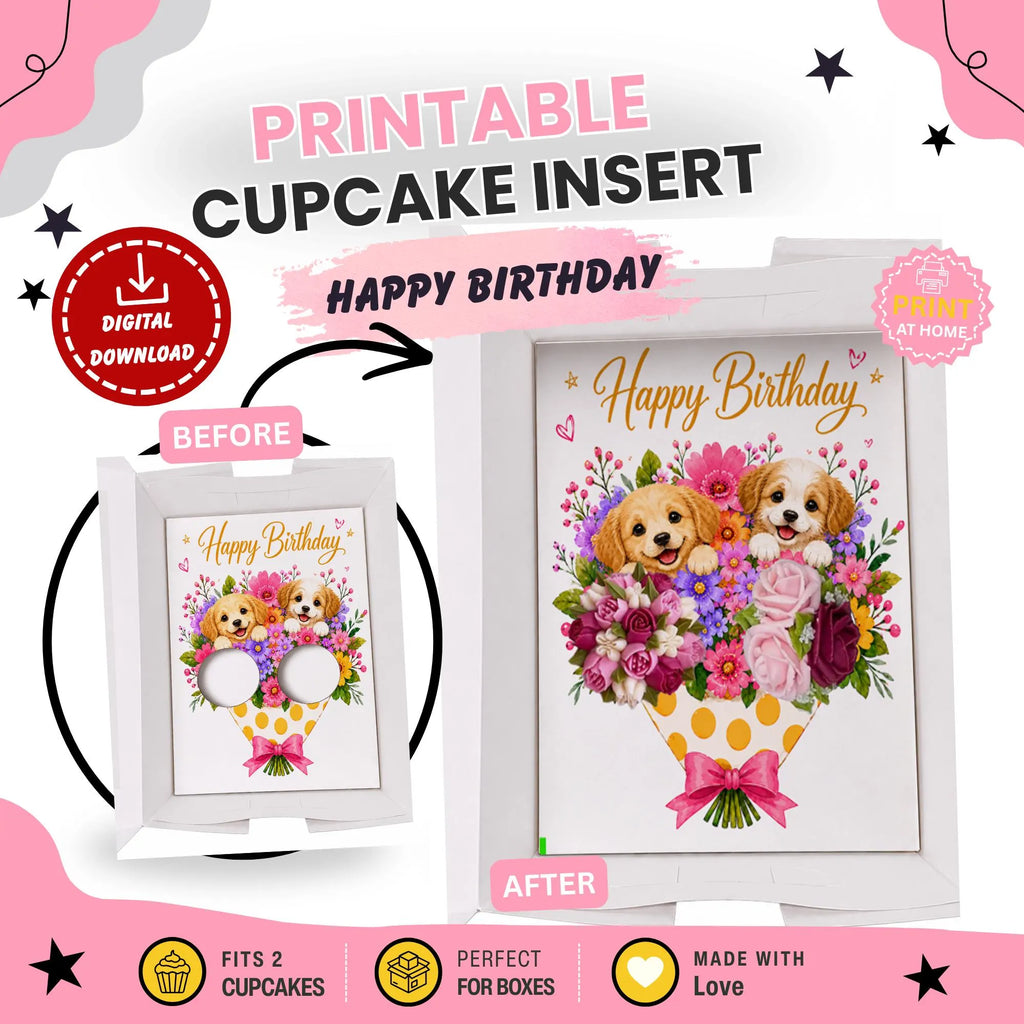 Happy Birthday Dog Cupcake Insert Template, 2 Cupcake Box Insert Printable, Puppy Floral Cupcake Bouquet Holder, Bakery Packaging