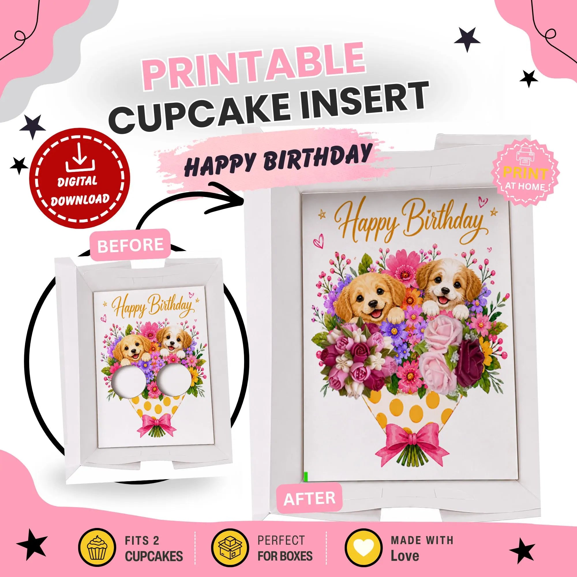 Happy Birthday Dog Cupcake Insert Template, 2 Cupcake Box Insert Printable, Puppy Floral Cupcake Bouquet Holder, Bakery Packaging