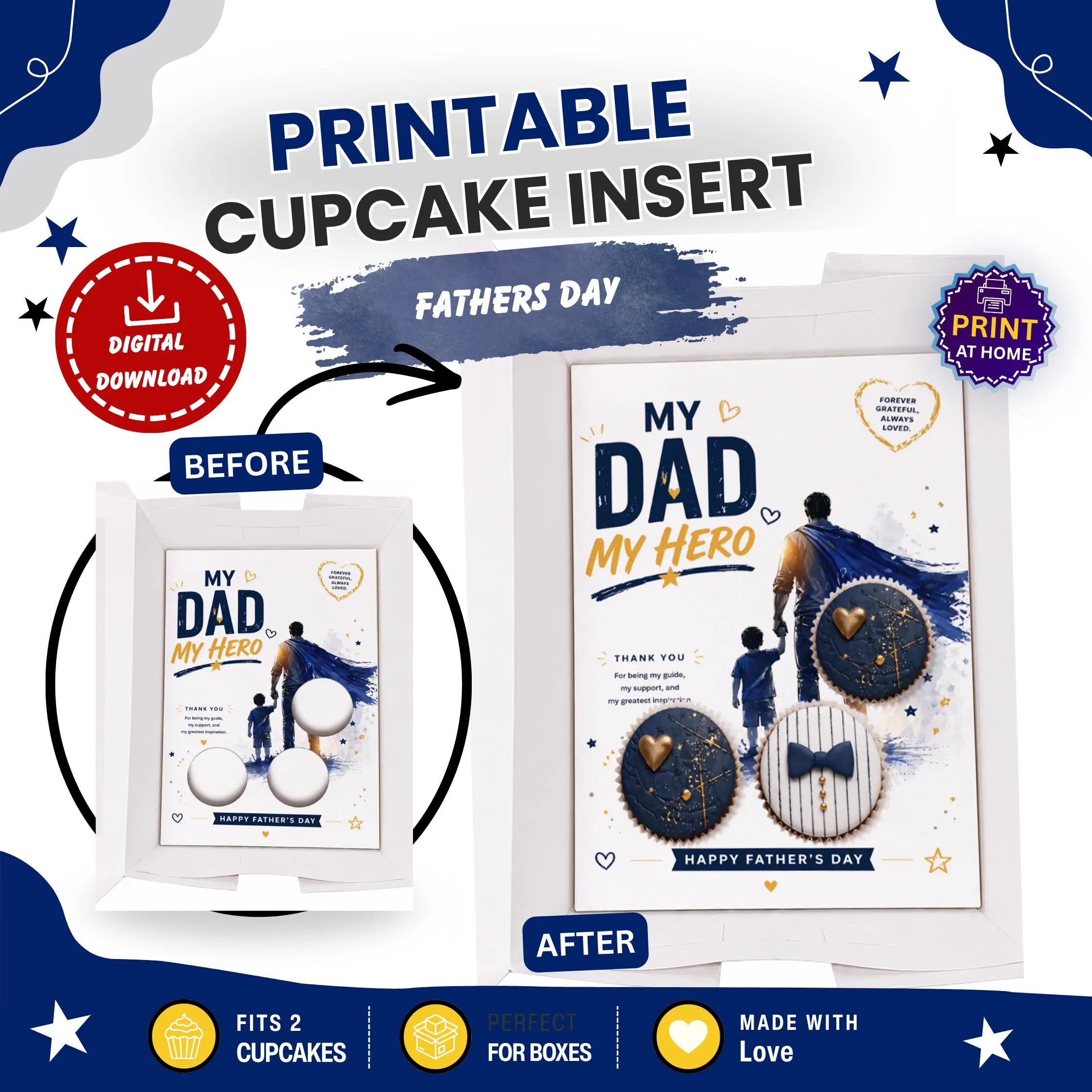 Father’s Day Cupcake Insert Template A4, My Dad My Hero Cupcake Box Insert, 3 Cupcake Holder Printable, Dad Gift Packaging