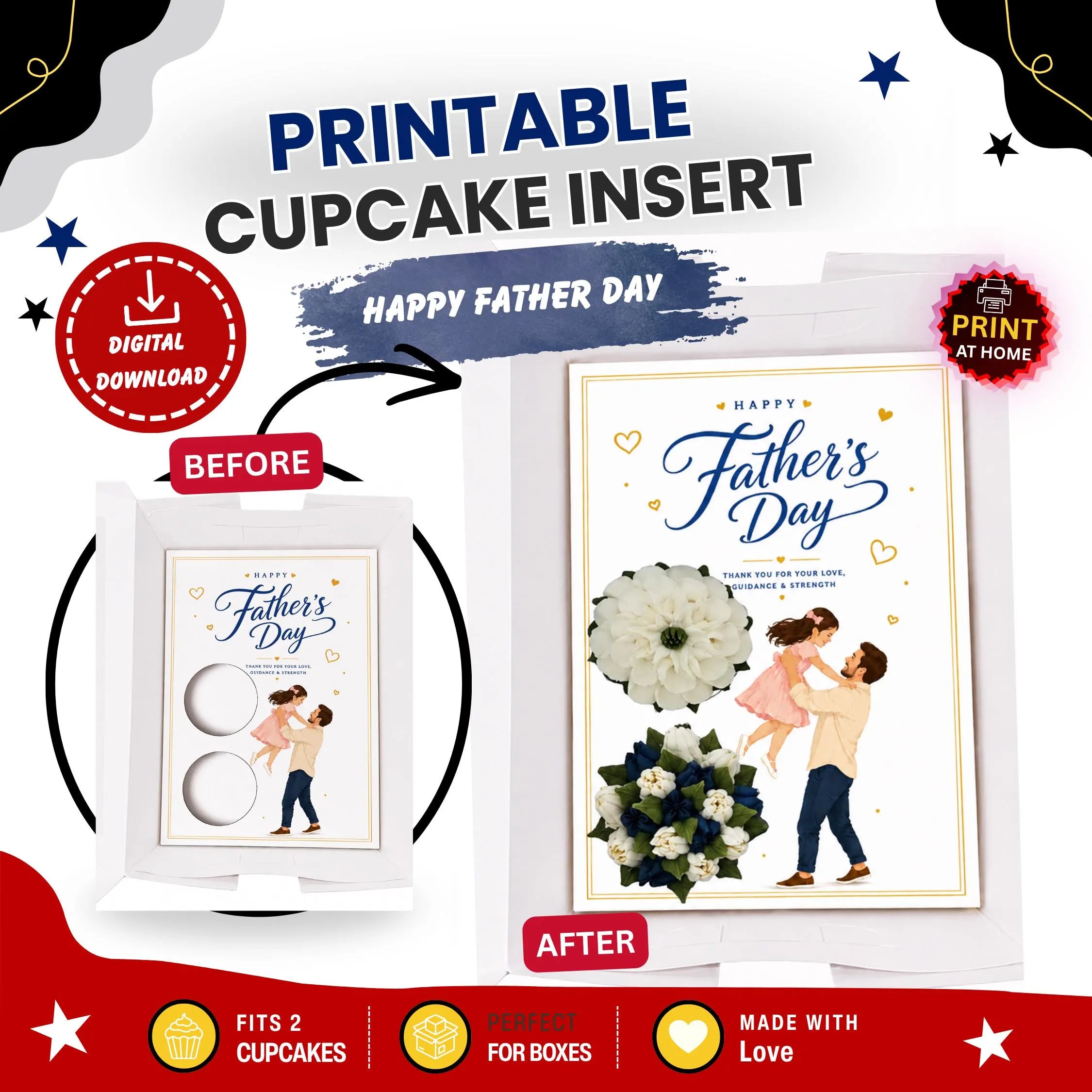 Father’s Day Cupcake Insert Template, 2 Cupcake Holder, Printable Gift Box Insert, Floral Dad and Daughter Cupcake Box PDF
