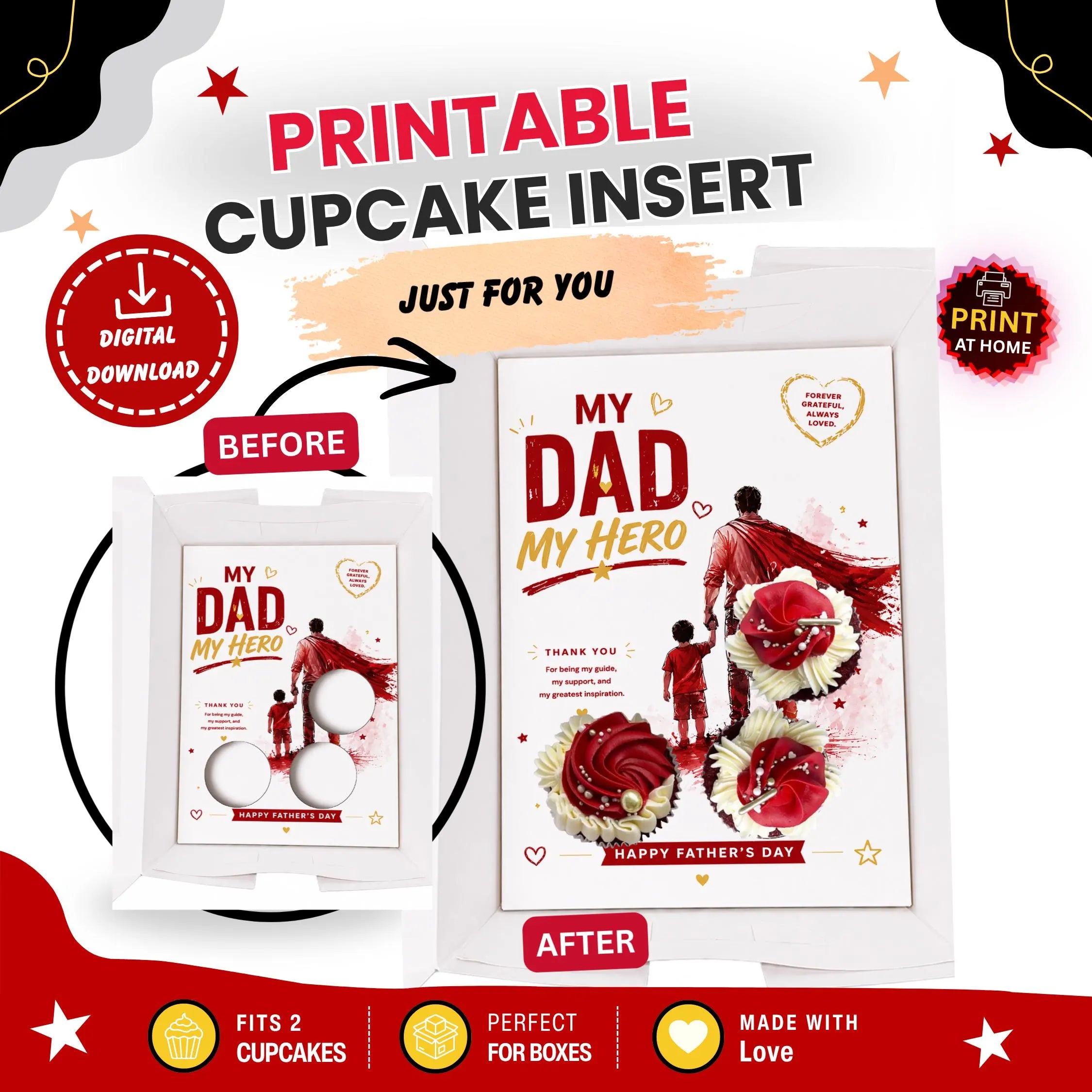 Father’s Day Cupcake Insert Template, My Dad My Hero 3 Cupcake Holder Printable, Super Dad Cupcake Box Insert, Dad Gift Packaging