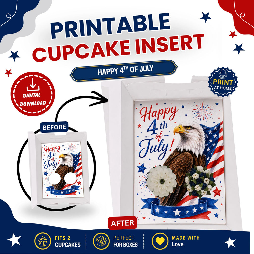 Happy 4th of July Cupcake Insert Template, 2 Cupcake Box Insert Printable, Patriotic Eagle Bakery Packaging, Digital Download