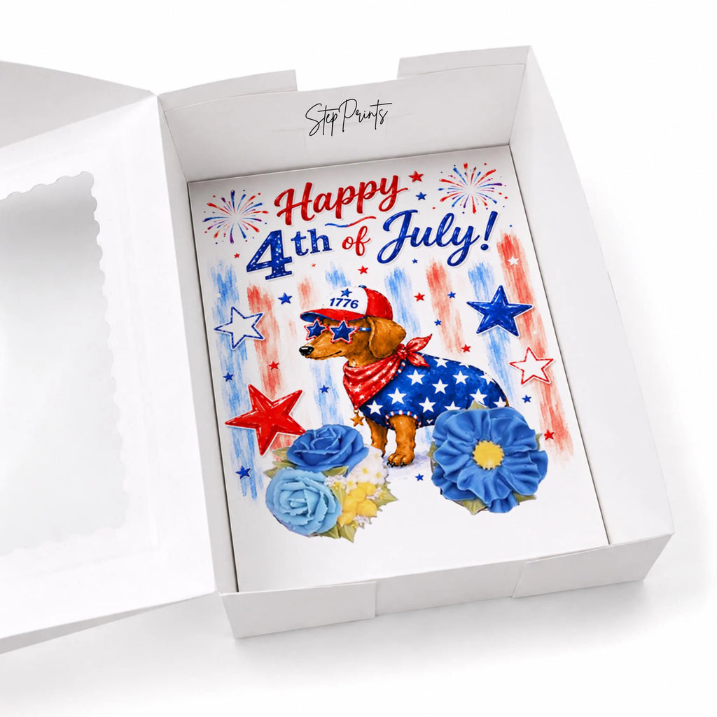 Happy 4th of July Dog Cupcake Insert Template, 2 Cupcake Box Insert Printable, Patriotic Dachshund Bakery Packaging